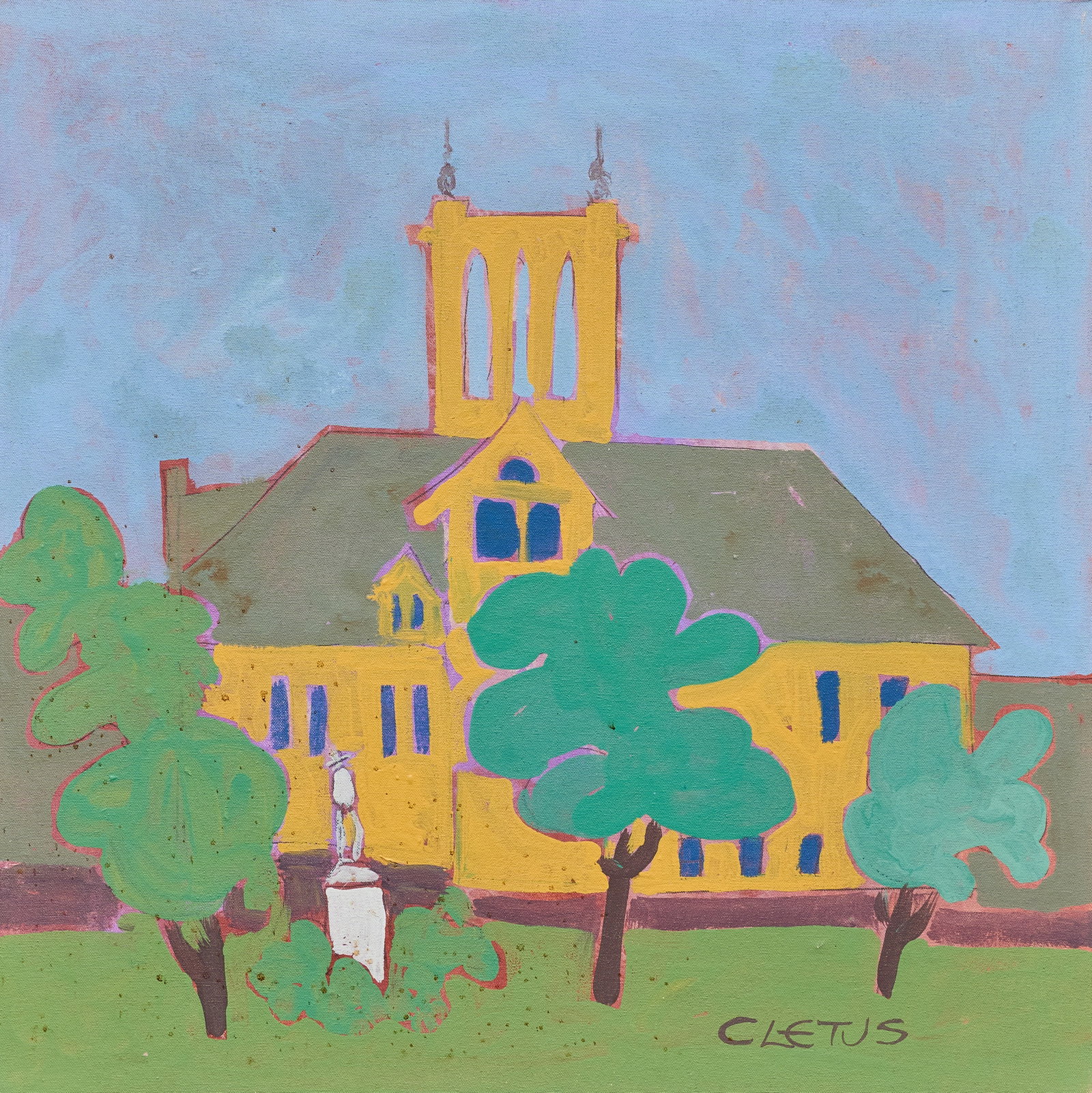 Brother Cletus Behlmann, Comal County Courthouse: Brother Cletus Behlmann (San Antonio, Texas, 1933-2016), view of the historic Comal County Courthouse in New Braunfels, Texas, acrylic on canvas, wrapped and stapled to wooden panel size: