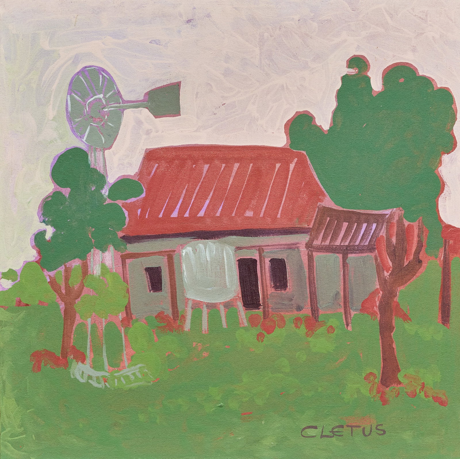 Brother Cletus Behlmann, Old Town New Braunfels: Brother Cletus Behlmann (San Antonio, Texas, 1933-2016), view of a historic homestead in Old Town New Braunfels, Texas, acrylic on canvas, wrapped and stapled to wooden panel size: 26 x 26 in. Pr