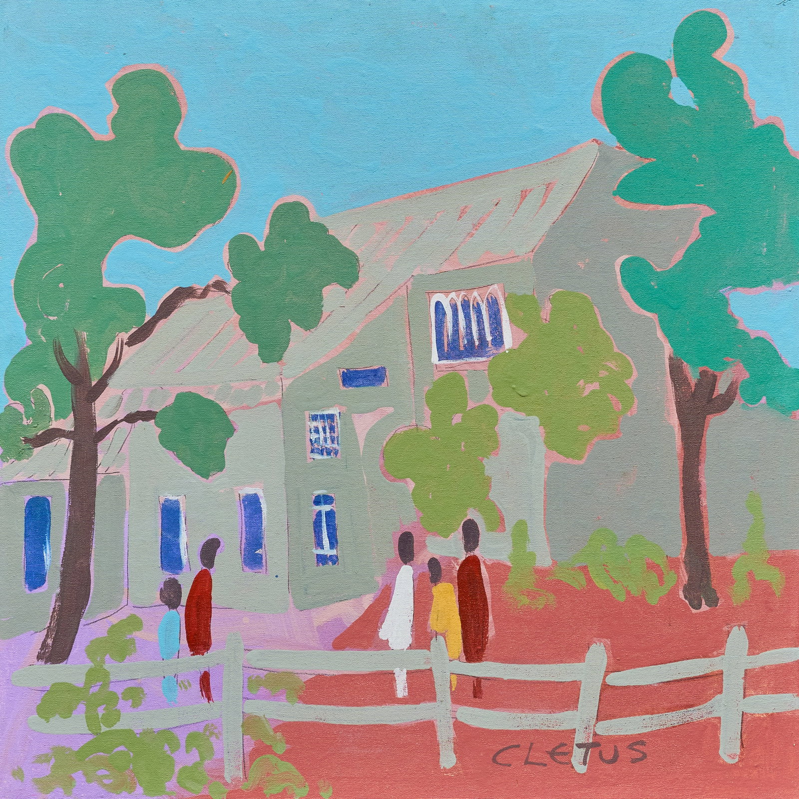 Brother Cletus Behlmann, New Braunfels Church: Brother Cletus Behlmann (San Antonio, Texas, 1933-2016), view of a church building in New Braunfels, Texas, acrylic on canvas, wrapped and stapled to wooden panel size: 26 x 26 in. Provenanc