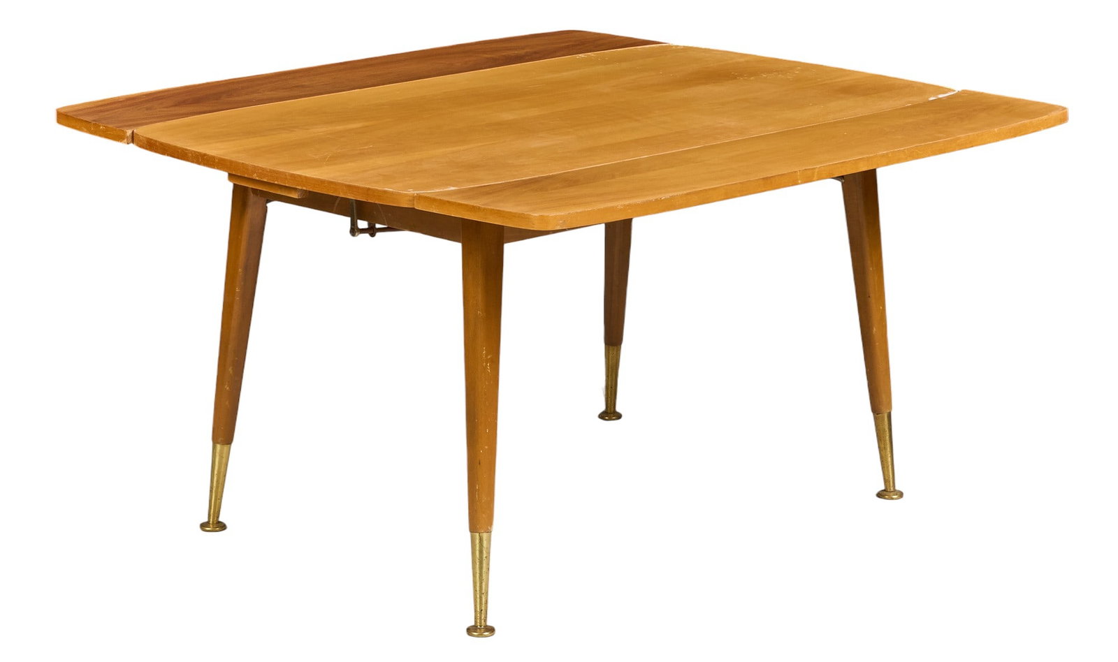 Danish Mid-Century Table: Danish mid-century table with extending top with adjustable hand-crank, with splayed pin legs ending in brass fittings height 25 in. x width 46.5 in. x depth 28 in. Condition: wear to