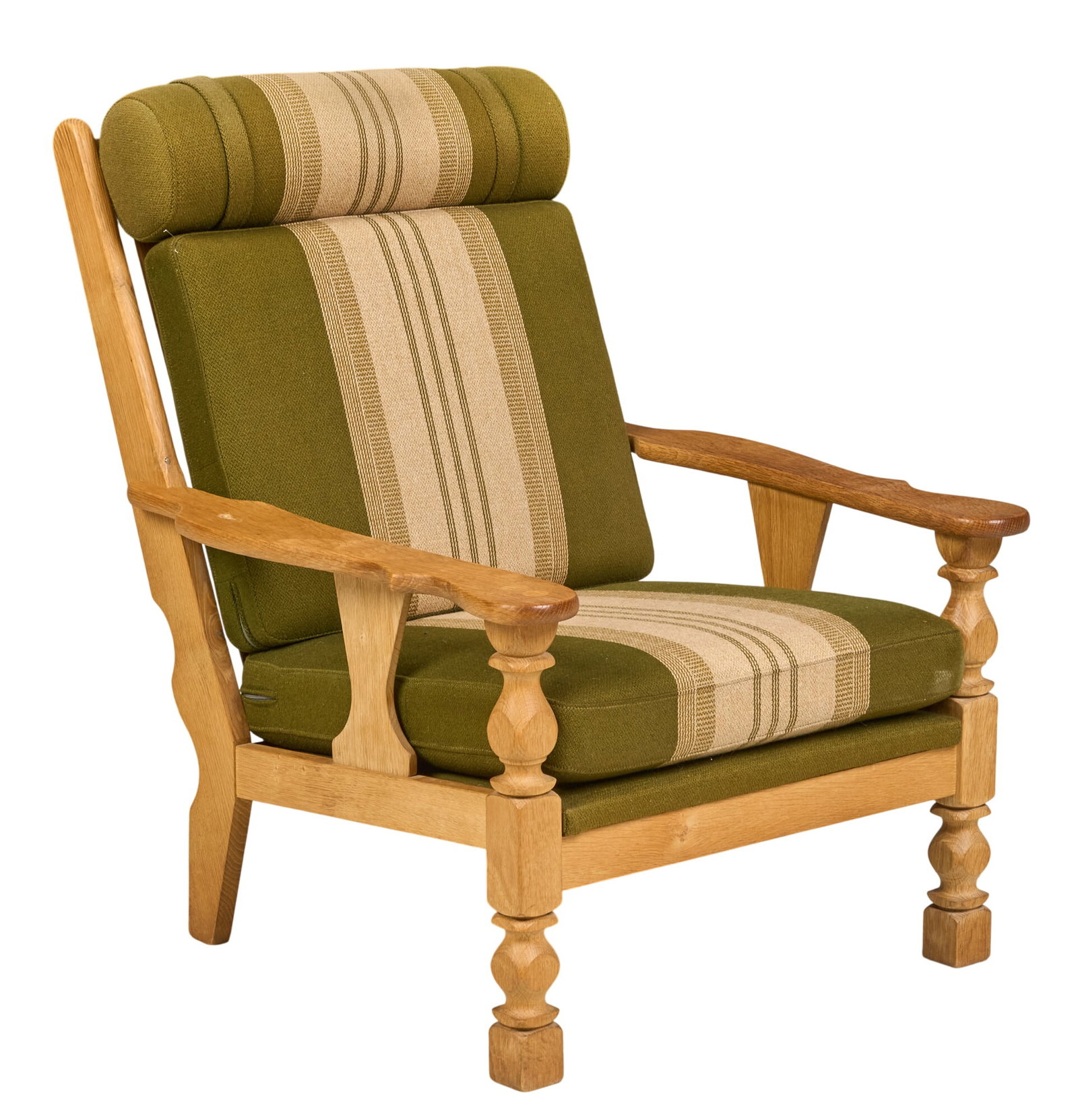 Henning Kjaernulf, Mid-Century Lounge Chair: Henning Kjaernulf (Denmark) oak mid-century lounge chair with striped cushions, supported on faceted block legs height 35 in. x width 28.5 in. x depth 32 in. 