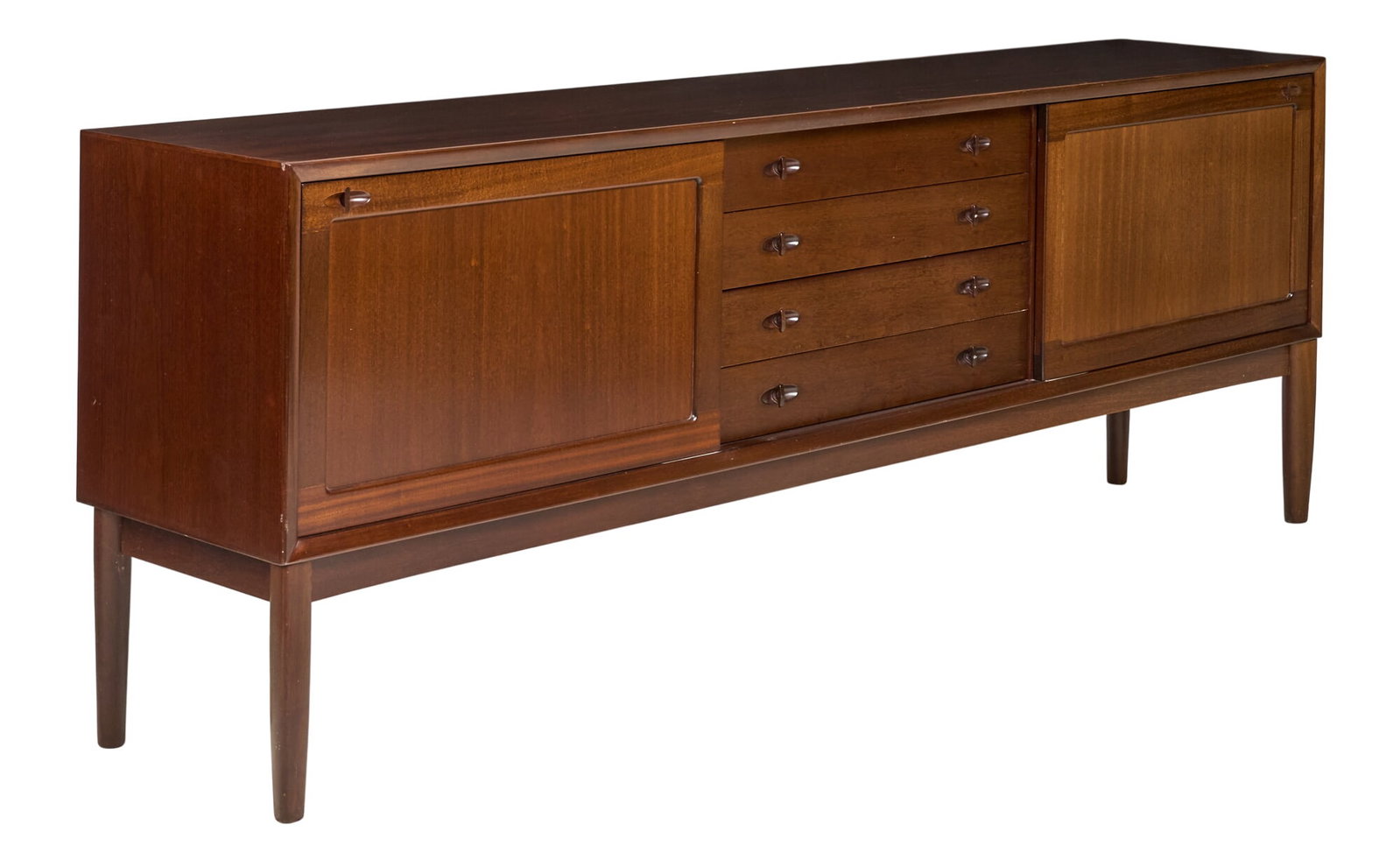 Danish Mid-Century Credenza: Danish mid-century credenza with two sliding doors opening to interiors with adjustable shelving, and stack of middle drawers, supported on tubular legs height 32 in. x width 89 in. x depth 18
