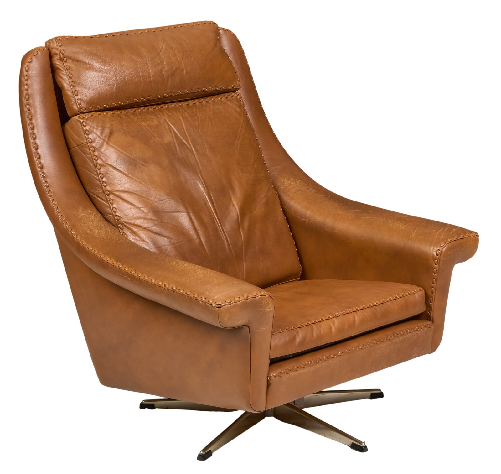 Danish Mid-Century Leather Lounge Chair: Danish mid-century lounge chair, with brown leather upholstery, on swivel base height 37 in. x width 36 in. x depth 31 in.