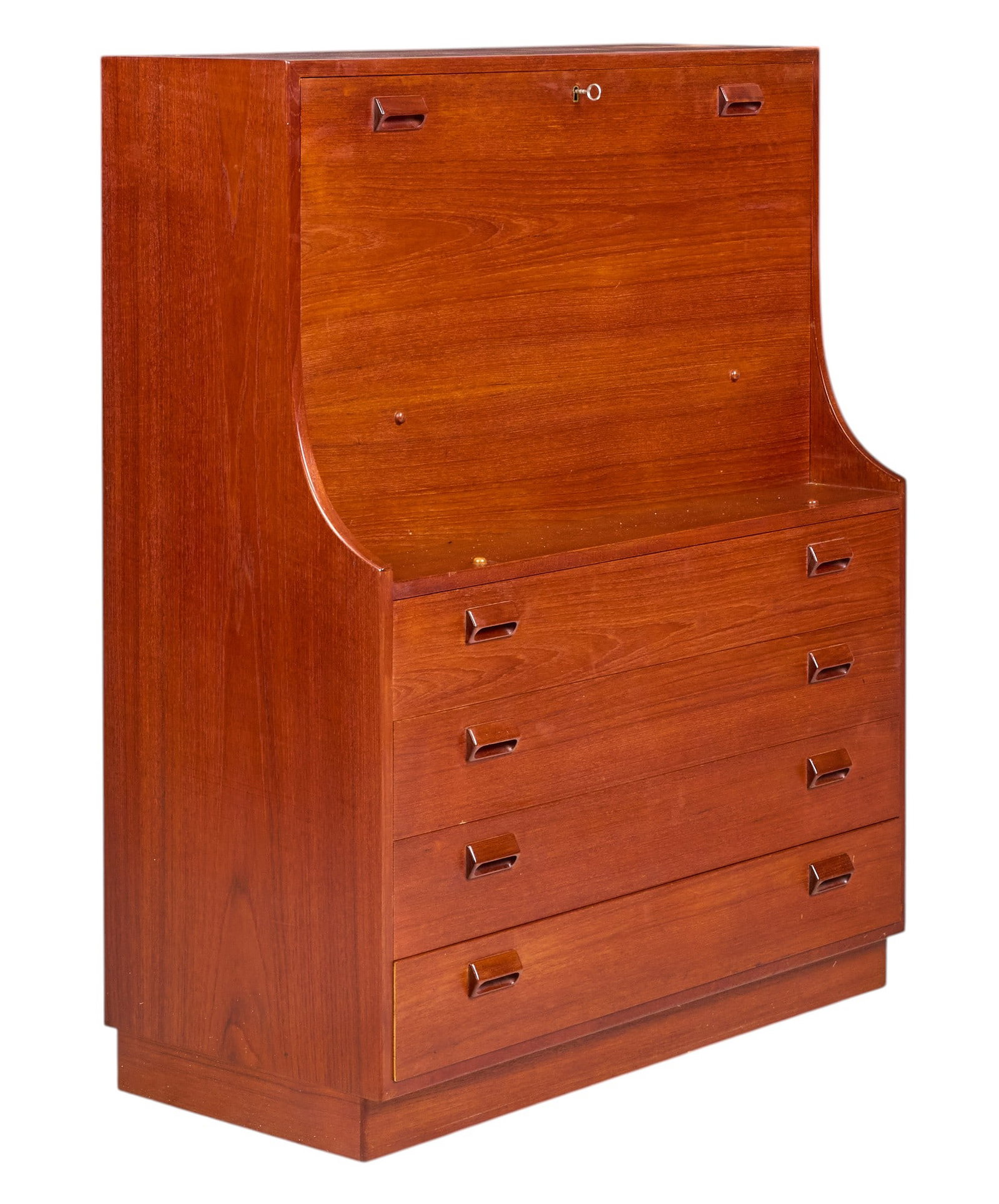 Borge Mogensen, Mid-Century Secretary: Borge Mogensen (Denmark) for Soborg Mobelfabrik mid-century secretary bookcase with drop door above drawer storage, supported on plinth height 48.5 in. x width 39.5 in. x depth 18.5 in. 