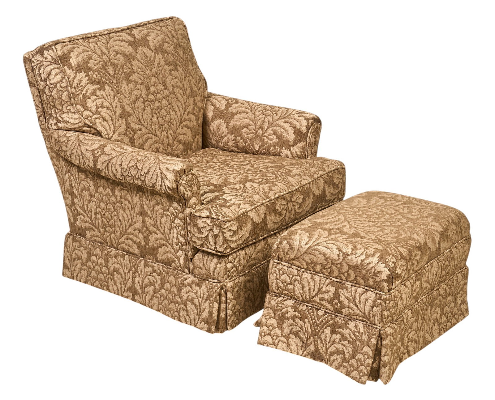 Upholstered Armchair with Ottoman: Armchair and matching ottoman, with brown and beige floral motif upholstery, with padded armrests and removable seat cushion, chair and ottoman with skirt height 33 in. x width 32 in. x depth 36 in.