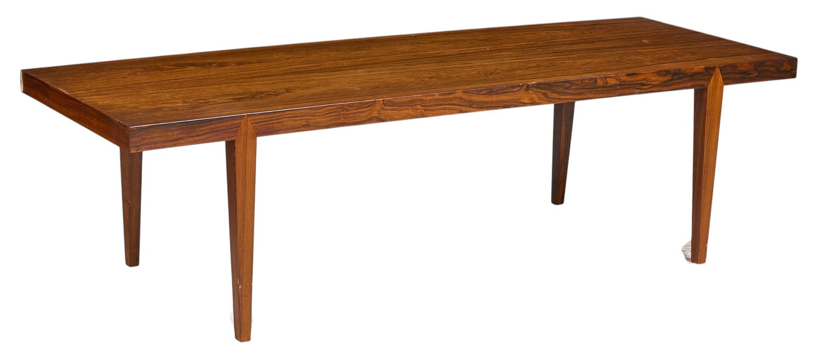 Danish Mid-Century Coffee Table: Danish mid-century coffee table with tapered legs, marked with Danish Furniture Makers Control sticker underneath height 19 in. x width 67 in. x depth 23.5 in. 