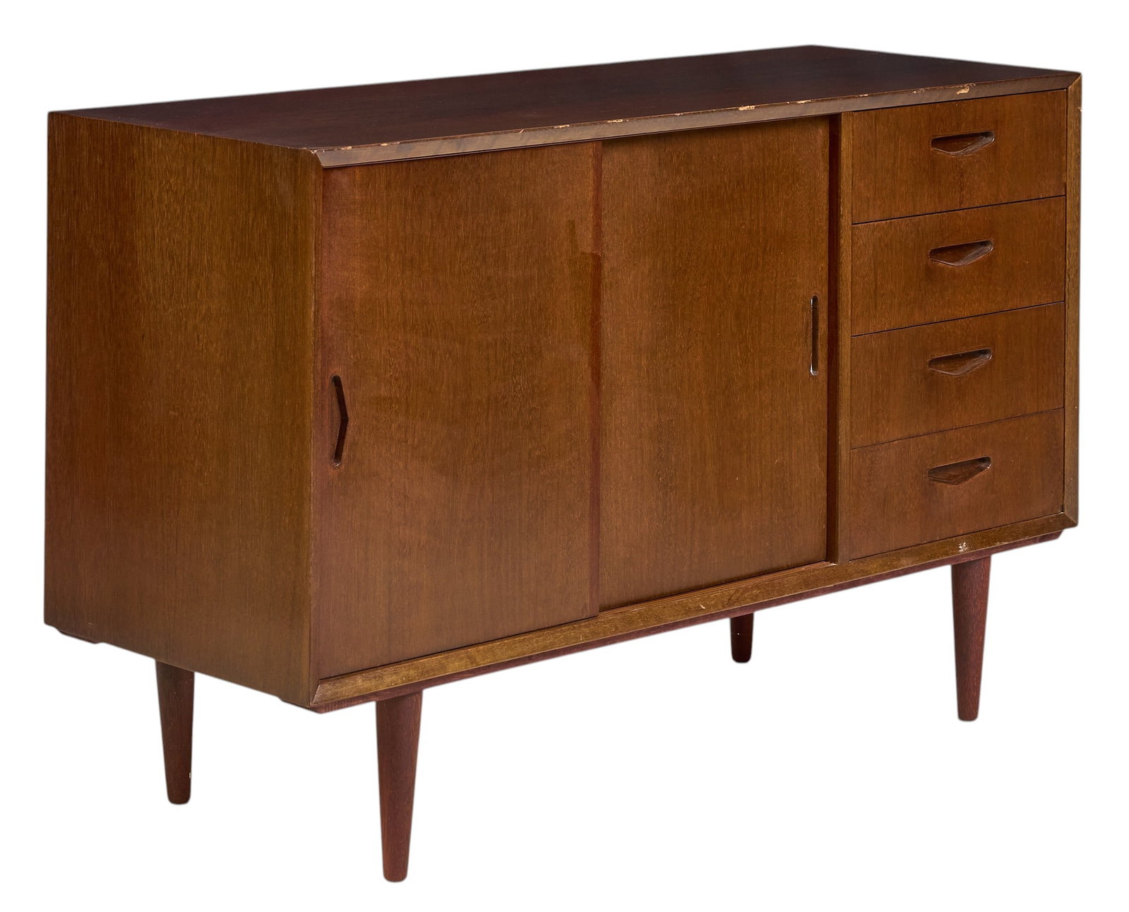 Danish Mid-Century Credenza: Danish mid-century credenza with sliding doors, and drawers, supported on pin legs height 30 in. x width 47.5 in. x depth 17.75 in. 