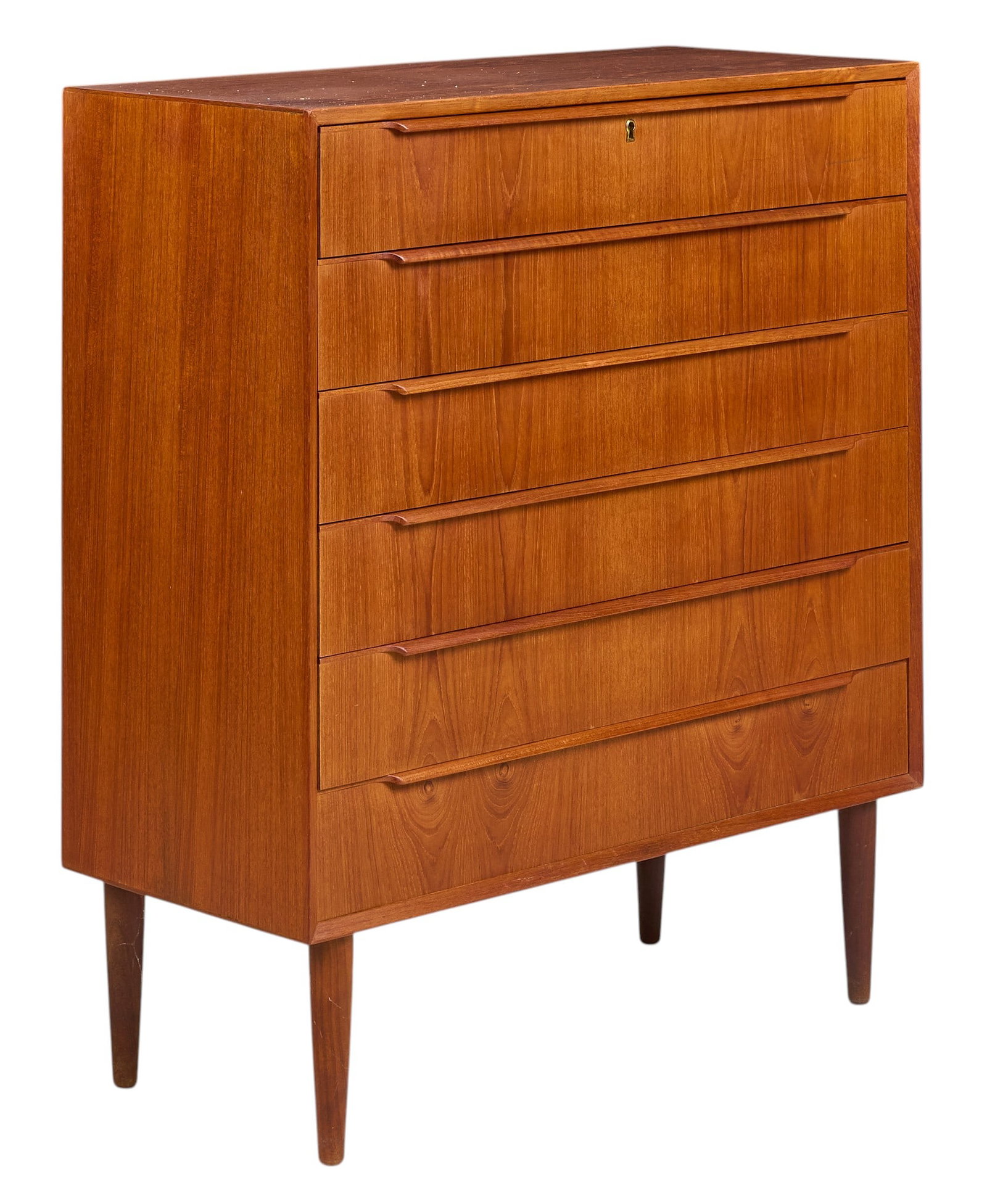 Danish Mid-Century Dresser: Danish mid-century chest of six drawers supported on pin legs height 41 in. x width 35.5 in. x depth 15.5 in. 