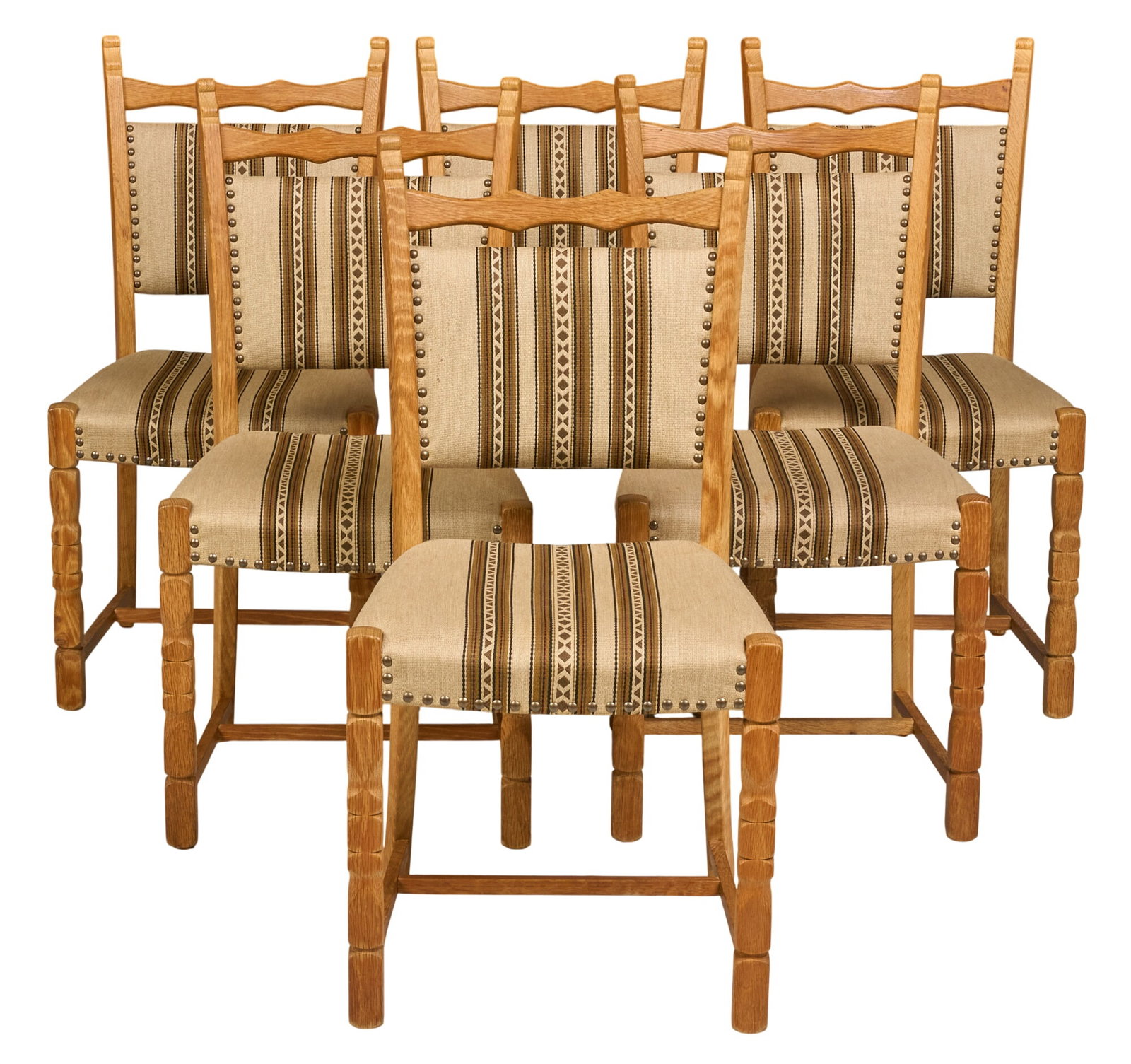 (6) Henning Kjaernulf Dining Chairs: Set of six Henning Kjaernulf (Denmark) mid-century dining chairs with striped fabric upholstery, and faceted block legs height 37 in. x width 18.5 in. x depth 20 in. / each