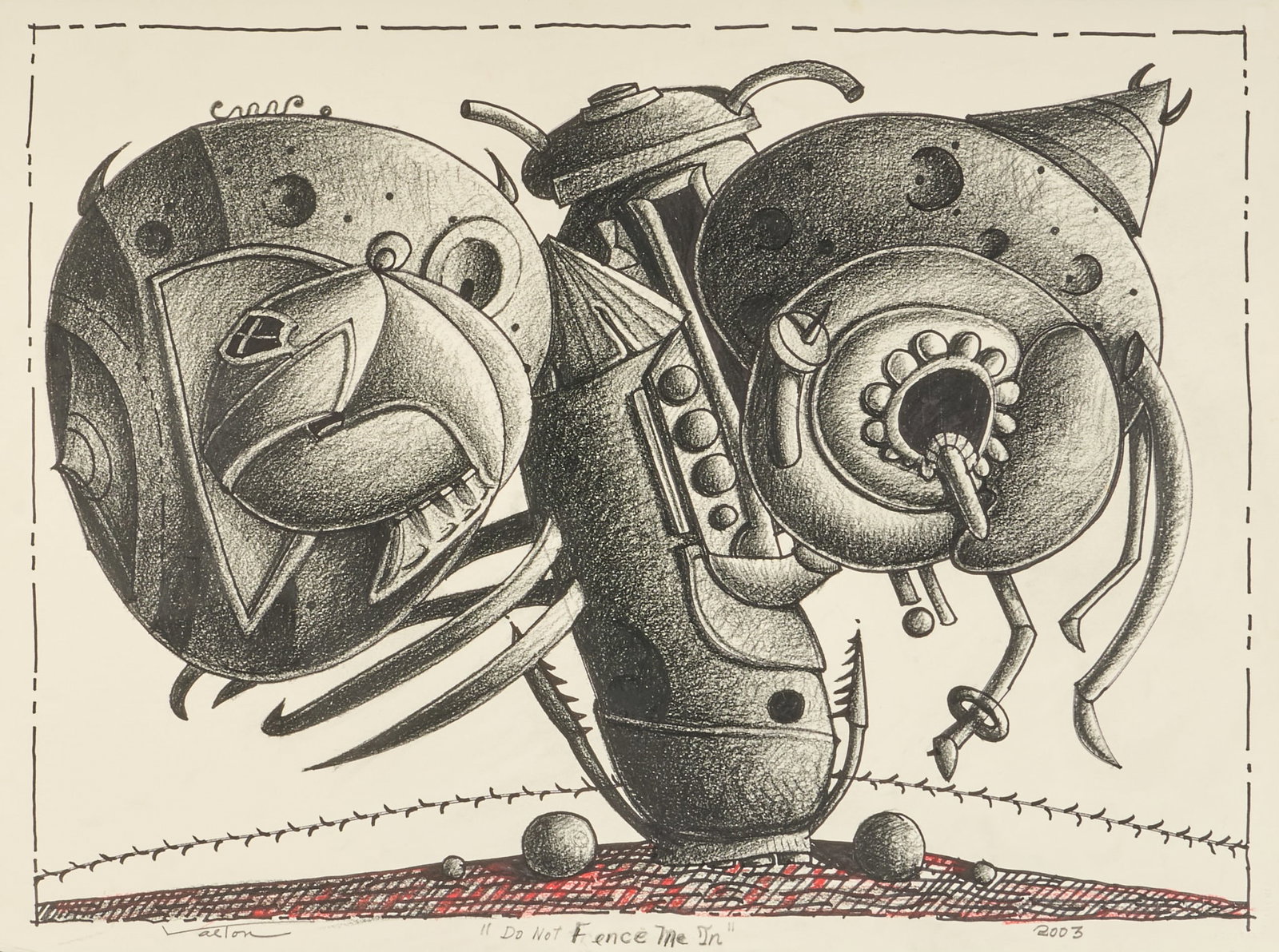 Valton Tyler, "Do Not Fence Me In": Valton Tyler (Texas, 1944-2017), "Do Not Fence Me In", charcoal and ink on paper, signed, titled, and dated in the margin, 2003 sheet: 23 x 30.5 in., frame: 28 x 36.5 in. Provenance: