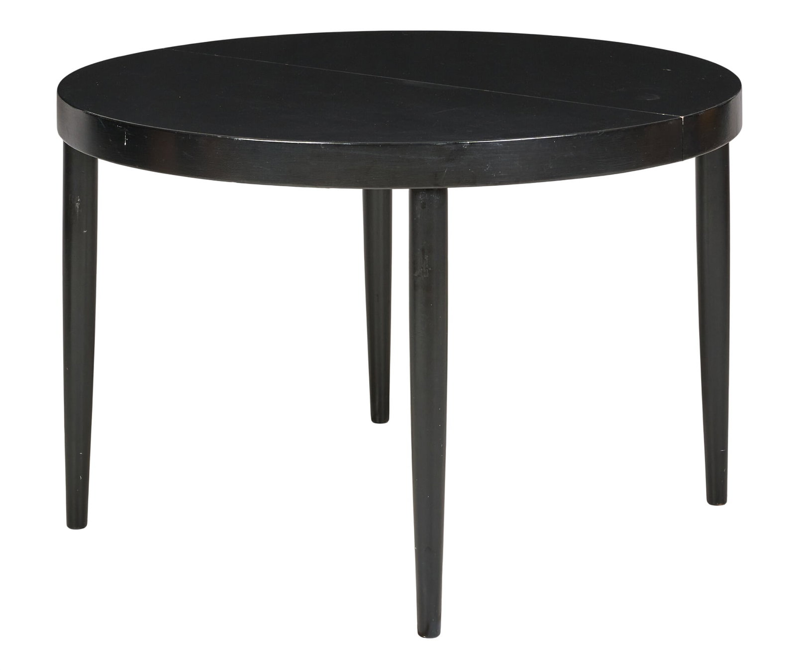 Danish Mid-Century Table: Danish mid-century extending dining table with two leaves, supported on tubular legs height 28.5 x diameter 44 in. extended width 82.5 in. 