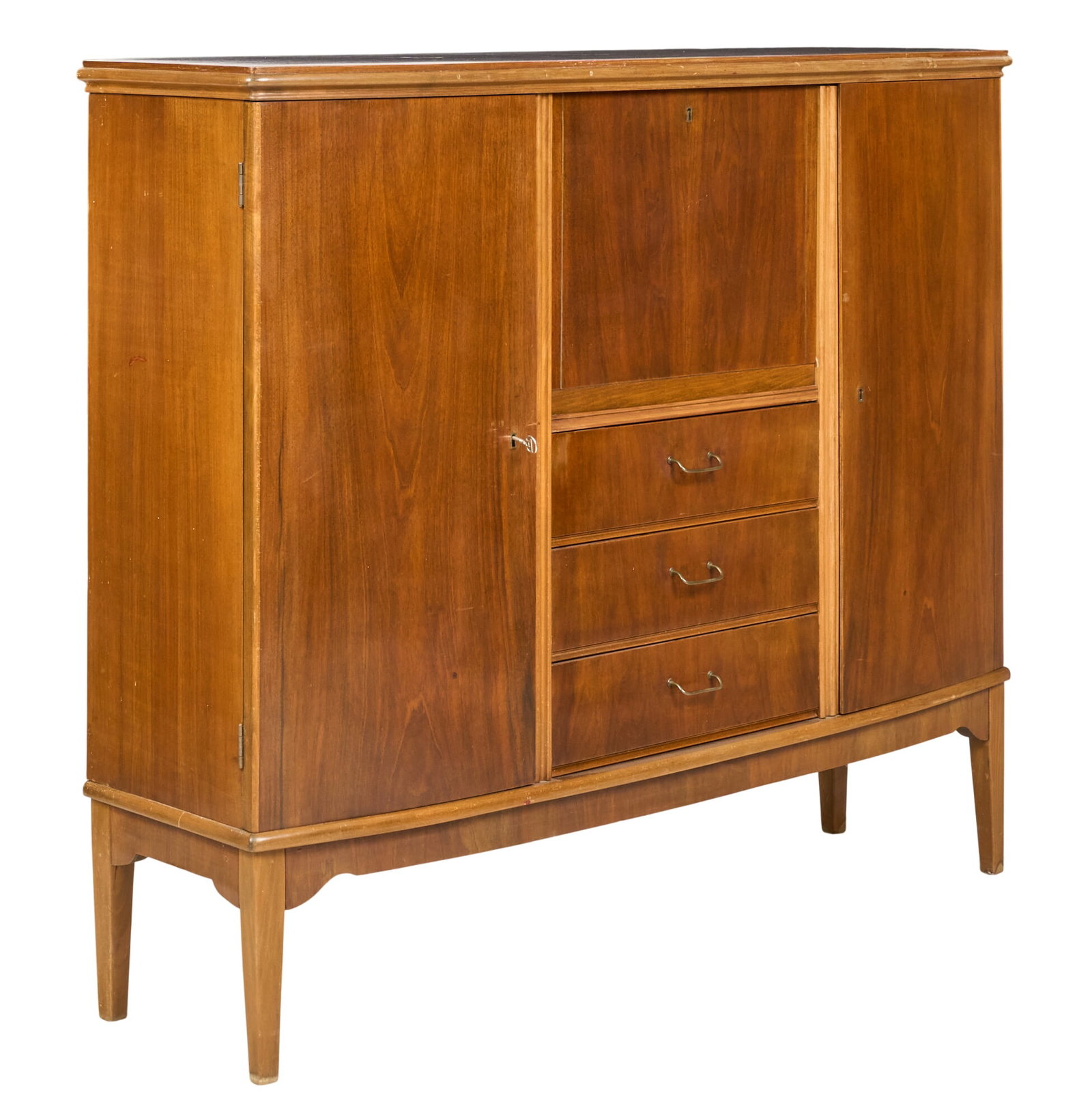 Danish Mid-Century Cabinet: Danish mid-century cabinet with with cabinet storage with key and stack of drawers, supported on tapered block legs height 47.5 in. x width 58 in. x depth 15 in. 