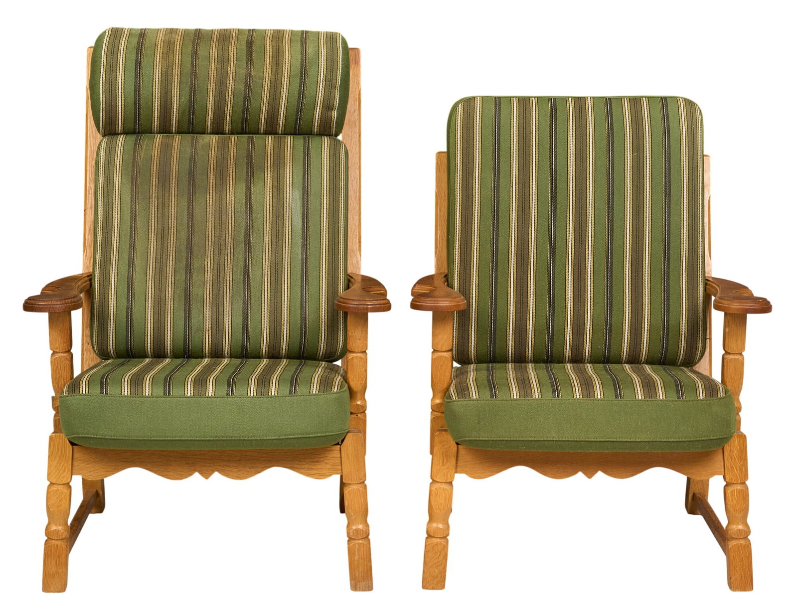 Pair of Danish Mid-Century Armchairs: Pair of Danish mid-century His and Hers armchairs with striped green cushions height 40 in. x width 27.5 in. x depth 25 in. / largest 