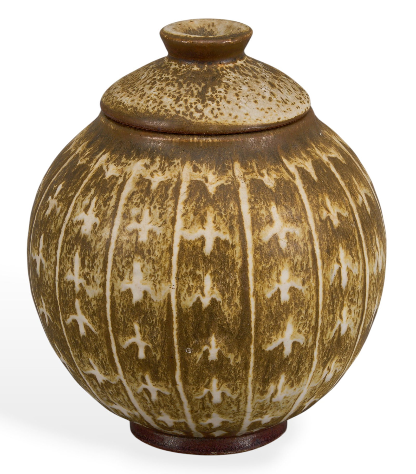Harding Black, Fleur-de-Lys Vessel, 1958: Harding Black (San Antonio, Texas, 1912-2004), ochre and beige lidded vessel with incised fleur-de-lys or bird's foot motif, matte finish glaze, 1958 height 7.5 in. x diameter 6 in.