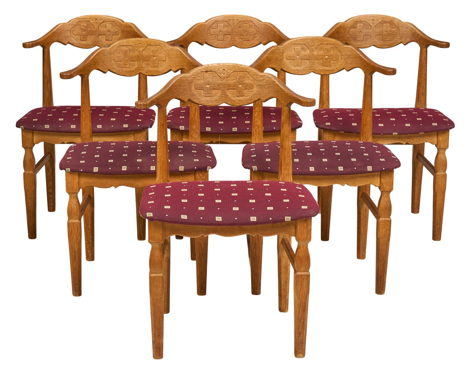 (6) Danish Mid-Century Dining Chairs: Set of six Danish mid-century dining chairs, with polka-dot patterned upholstery, carved backs, on turned legs height 30.5 in. x width 21 in. x depth 19 in. / each