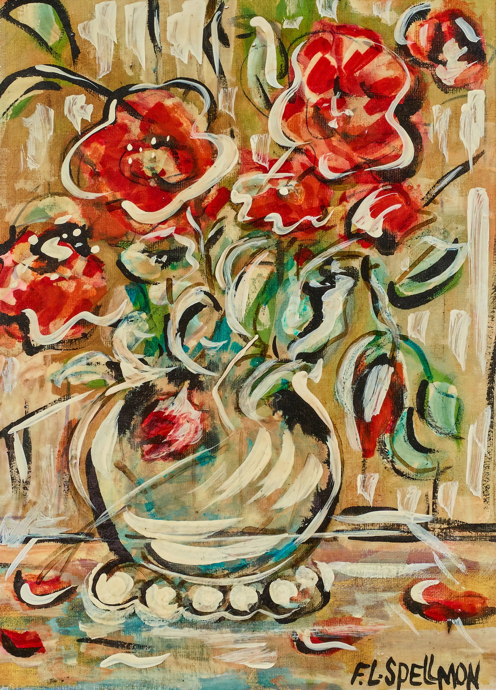 F. L. "Doc" Spellmon, Vase with Red Flowers: Fronzel Lincoln "Doc" Spellmon (Texas, 1925-2008), still life with vase of red flowers, mixed media on canvas board, signed lower right sight: 13 x 10 in. (on a cut-down 12 x 16"