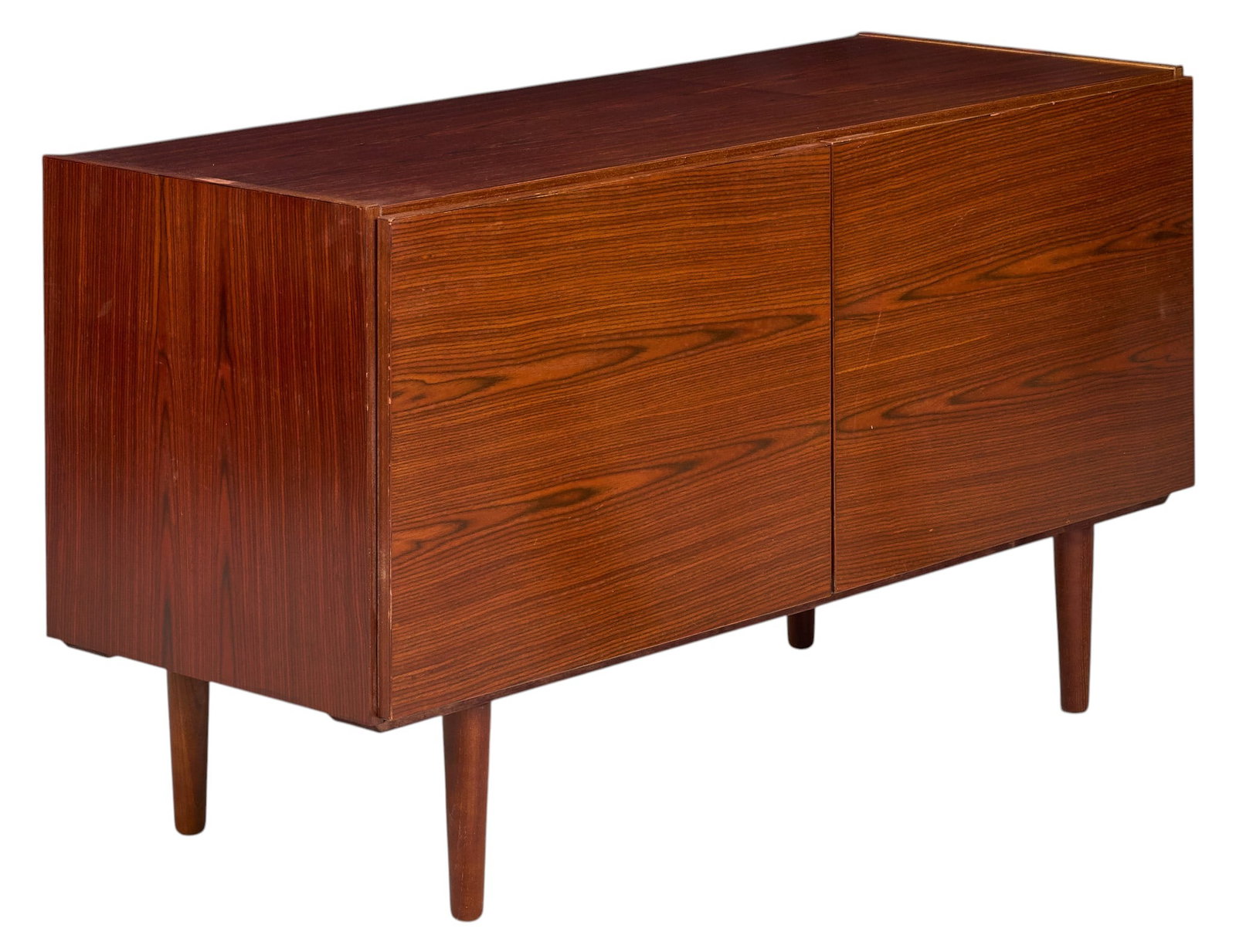 Danish Mid-Century Credenza: Danish mid-century credenza with pair of cabinet doors opening to interior with two adjustable shelves height 26 in. x width 47.5 in. x depth 18.5 in. 
