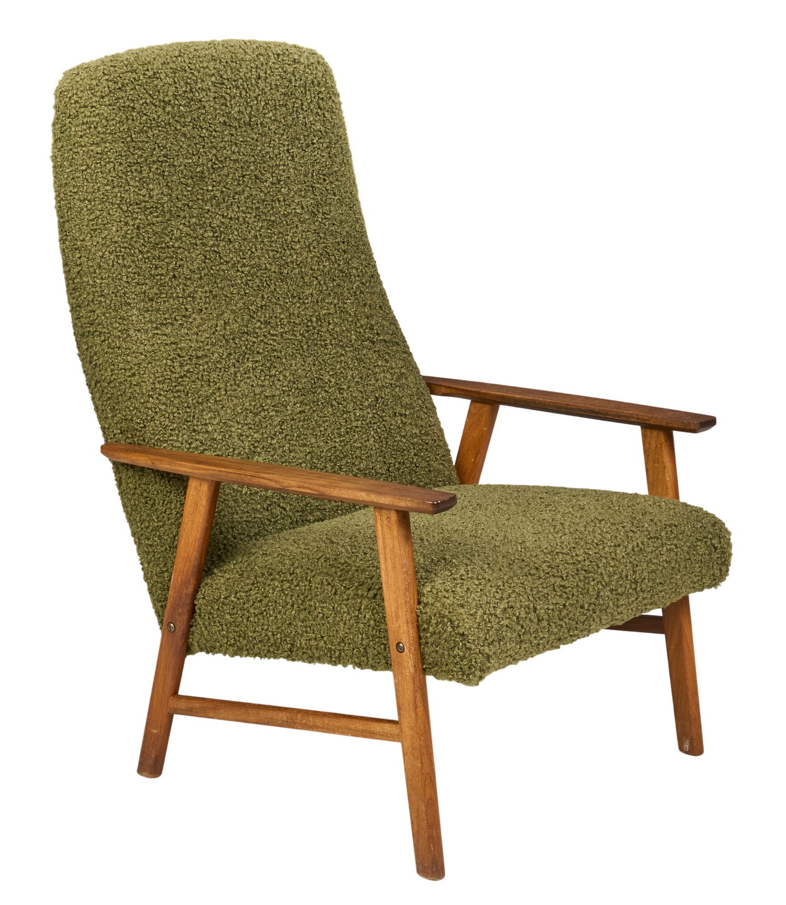 Danish Mid-Century Armchair: Danish mid-century armchair with green boucle upholstery, supported on block legs height 41 in. x width 28 in. x depth 28 in. 