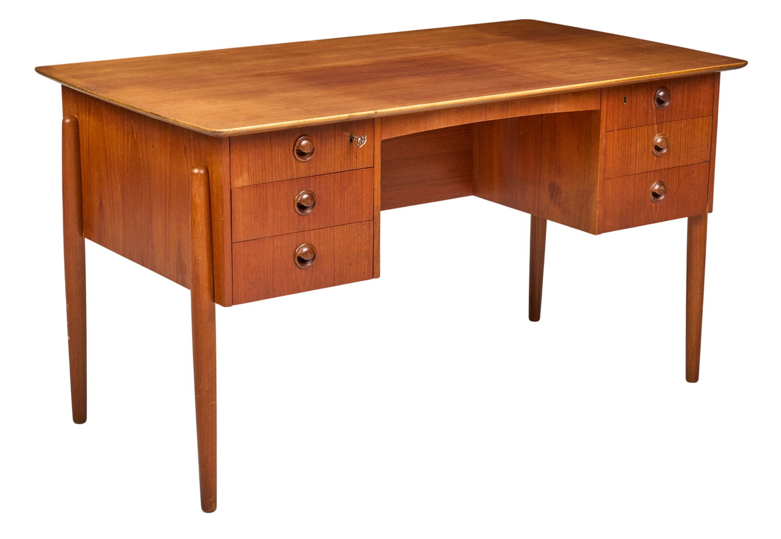 Danish Mid-Century Desk: Danish mid-century desk with twin stacks of drawers with key, supported on tubular legs height 29.5 in. x width 53 in. x depth 29.5 in. 