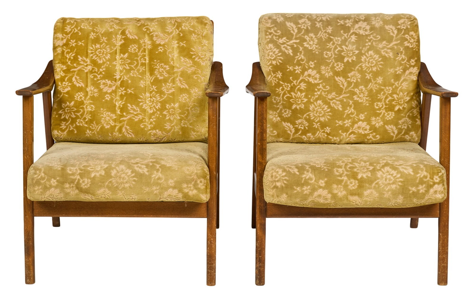Pair of Danish Mid-Century Armchairs: Pair of Danish mid-century armchairs, with floral fabric upholstery, on pin legs height 29 in. x width 21 in. x depth 21 in. / each