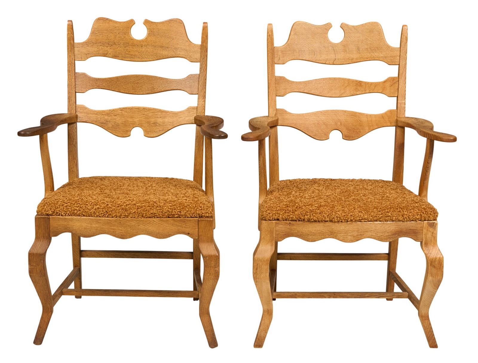 Pair of Danish Mid-Century Armchairs: Pair of Danish mid-century armchairs with shaped ladder back and brownish orange curly upholstery, supported on shaped legs height 38 in. x width 25 in. x depth 20 in. / each 