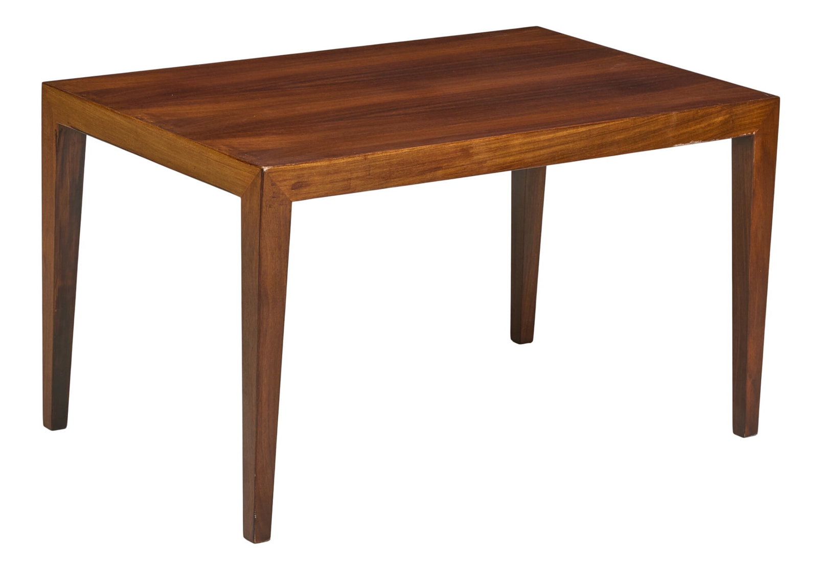 Danish Mid-Century Table: Danish mid-century rectangular table, on tapered legs height 20 in. x width 34 in. x depth 22 in.