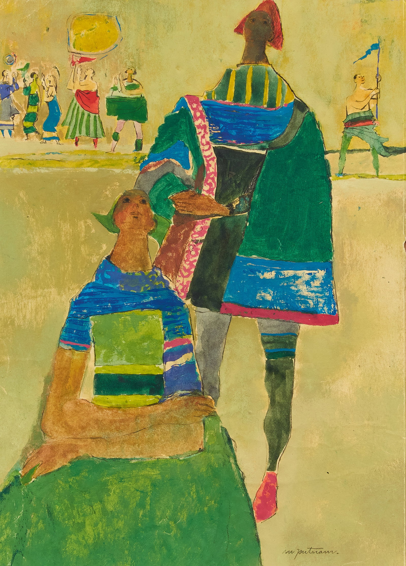 Margaret Putnam, "Players": Margaret Putnam (Texas, 1913-1989), "Players", mixed media on paper laid to card, signed lower right, titled on the verso (concealed by cardboard backing) sight: 10.5 x 8 in., frame: