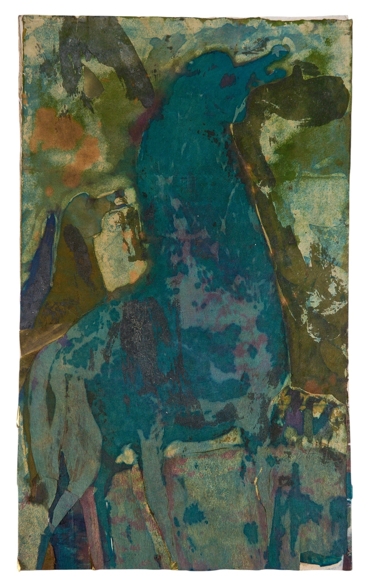 Margaret Putnam, Blue-Green Horse: Margaret Putnam (Texas, 1913-1989), blue and green horses, watercolor and ink on artist-made paper, scored to reveal gold foil beneath, all laid to card, signed lower right, not framed size: 20 x