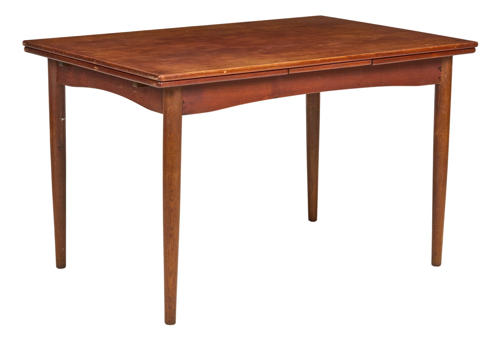 Danish Mid-Century Dining Table: Danish mid-century dining table with tapered legs height 29.5 in. x width 47.5 in. x depth 31.5 in. extended / 83 in.