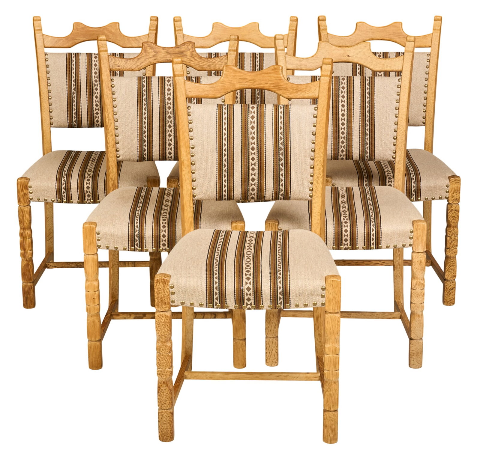(6) Henning Kjaernulf Dining Chairs: Set of six Henning Kjaernulf (Denmark) oak mid-century side dining chairs with striped fabric upholstery height 36.5 in. x width 18.5 in. x depth 18.5 in. 