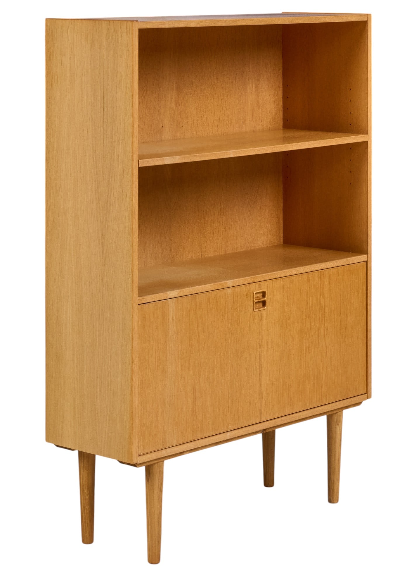 Danish Mid-Century Bookcase: Danish mid-century bookcase with single open shelf and bottom storage, supported on pin legs height 51.5 in. x width 35 in. x depth 12.5 in. 