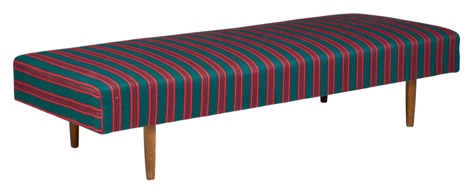 Mid-Century Upholstered Bench: Long upholstered bench with padded seat upholstered in striped fabric and raised on tapered supports height 16 in. x width 73 in. x depth 29 in.