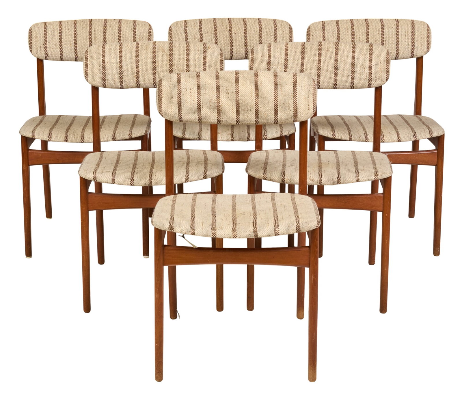 (6) Danish Mid-Century Dining Chairs: Set of six Danish mid-century dining chairs with striped seats and thin block legs height 30.5 in. x width 16 in. x depth 17 in. / each 