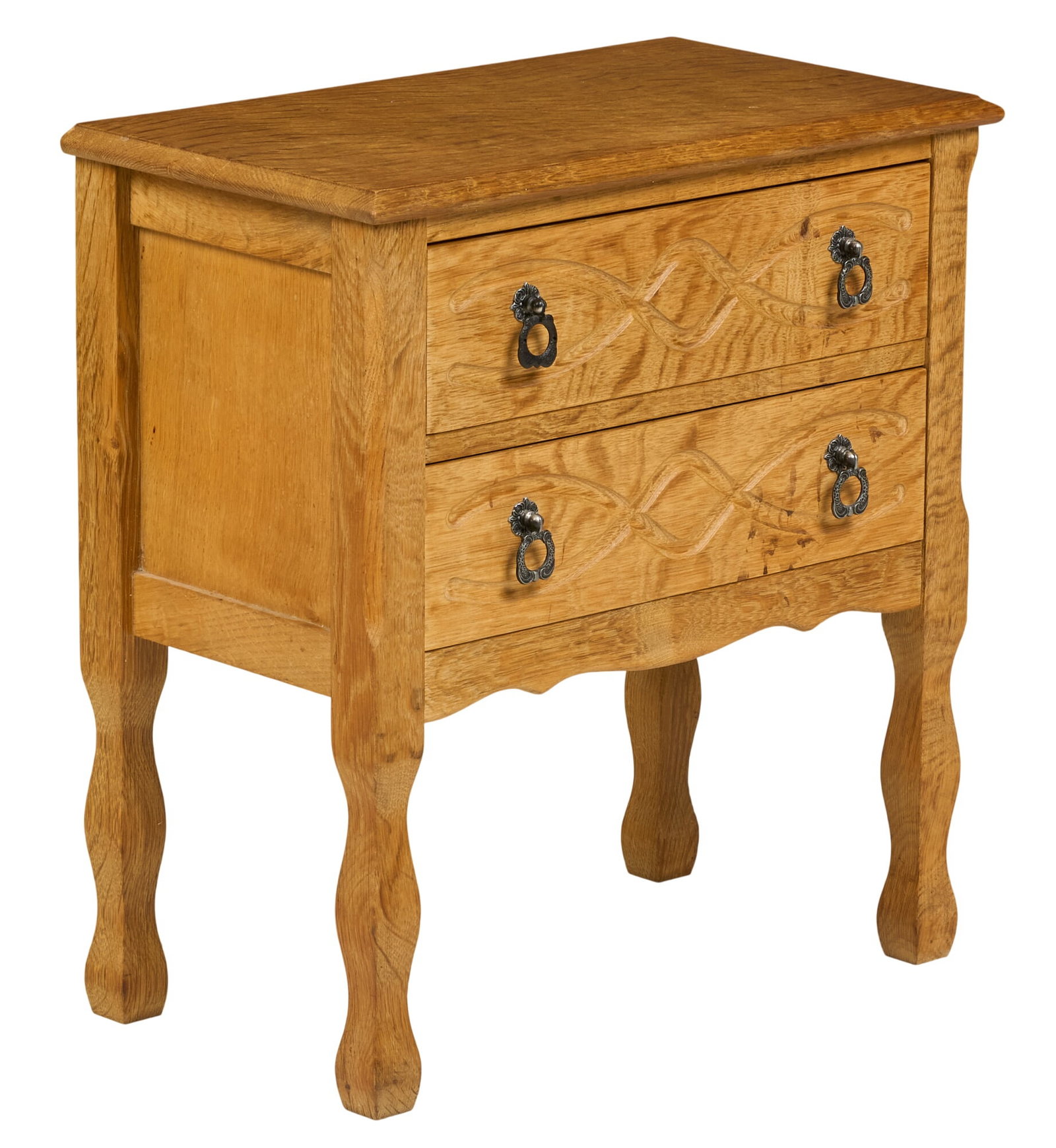 Mid-Century Chest of Drawers: Danish mid-century chest of drawers, with metal pulls, on shaped block legs height 24 in. x width 23 in. x depth 13 in.