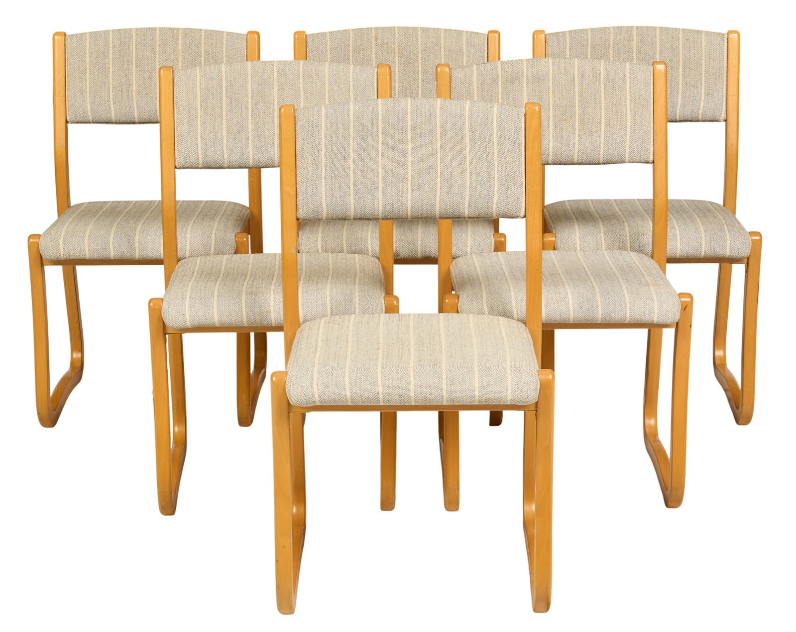 (6) Danish Mid-Century Dining Chairs: Set of six Danish mid-century dining chairs, with striped fabric upholstery height 33 in. x width 19 in. x depth 22 in. / each