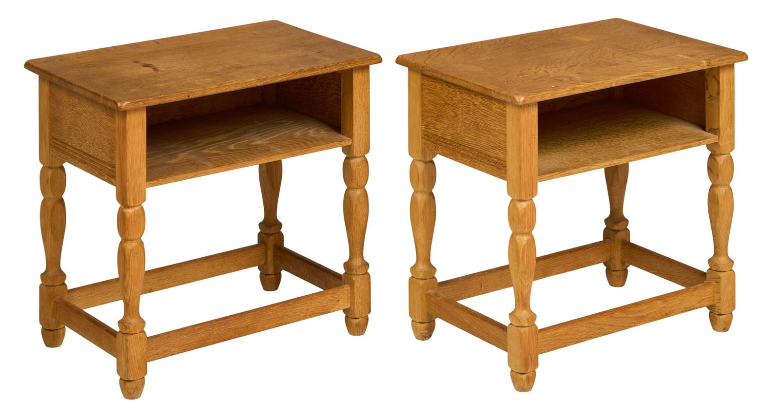 Pair of Danish Mid-Century Nightstands: Pair of Danish mid-century nightstands with open storage, supported on turned legs height 20 in. x width 21 in. x depth 14 in. / each 