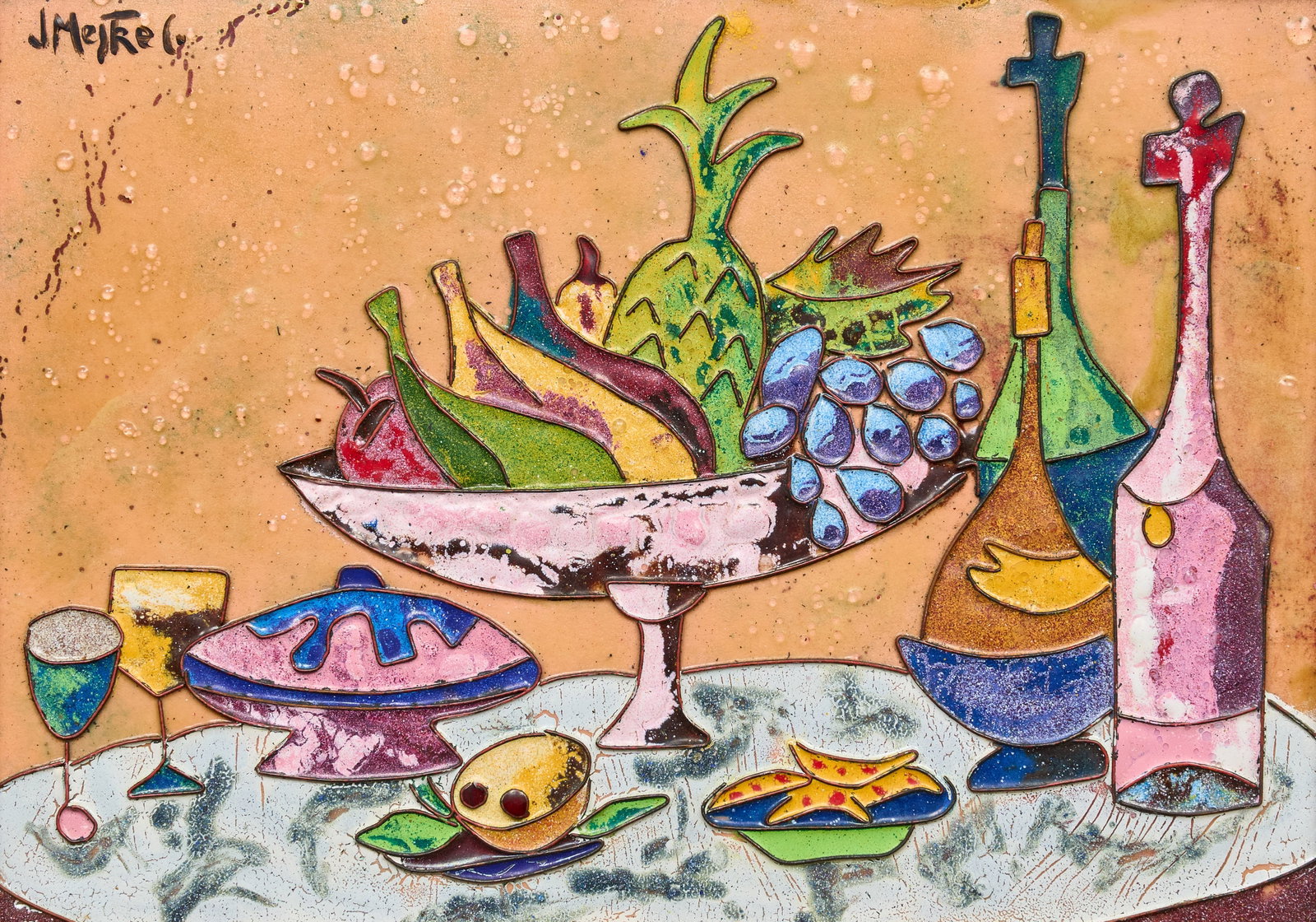 Josep Mestres Galceran, Enamel Still Life: Josep Mestres Galceran (Spain, 20th C.), mid-century still life with fruit and wine, cloisonne enamel on metal sheet, signed J. Mestre G. at upper left sight: 14 x 10 in., frame: 17 x