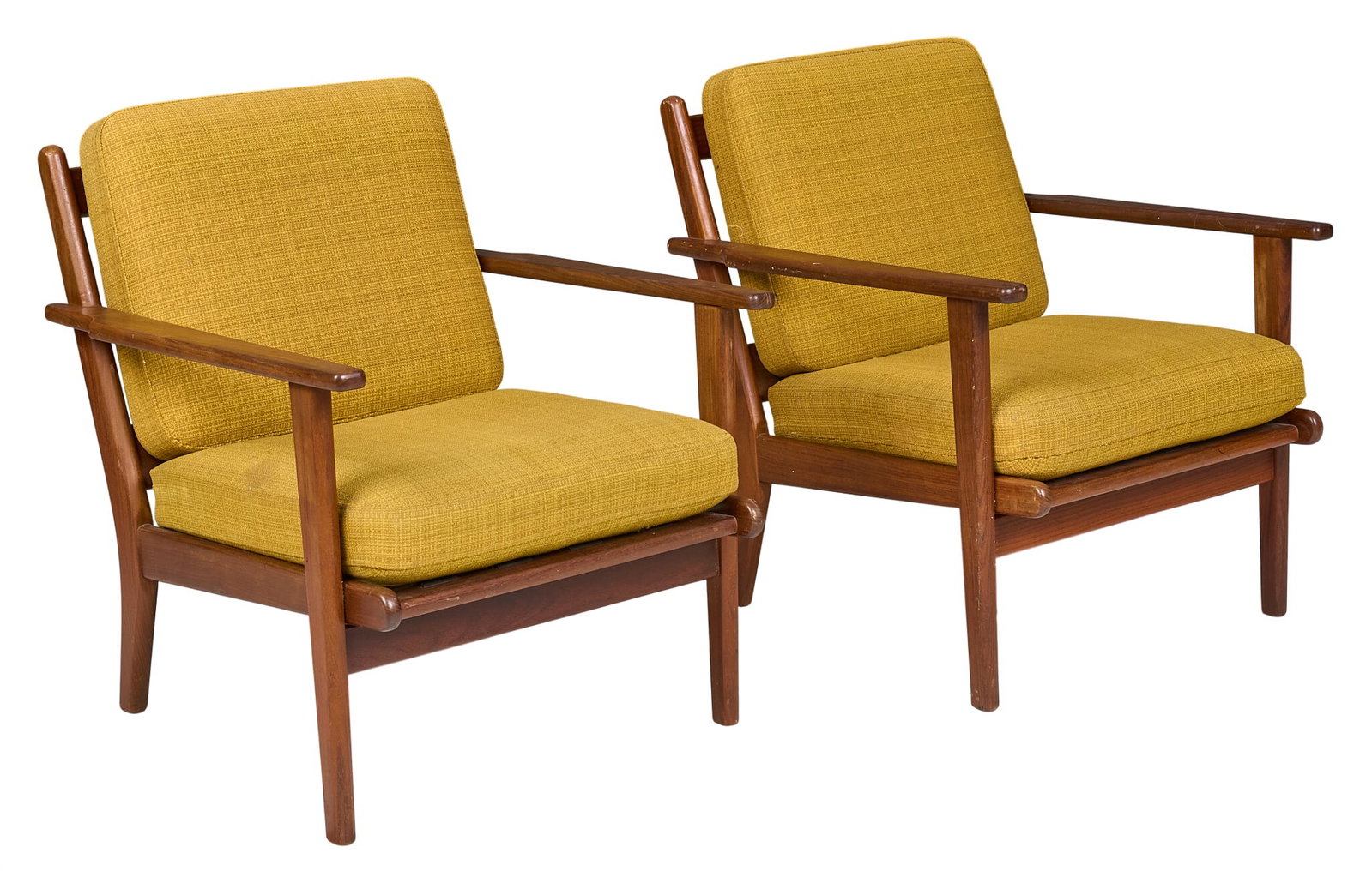 Pair of Danish Mid-Century Armchairs: Pair of Danish mid-century armchairs, with yellow fabric upholstery, supported on pin legs height 30 in. x width 29 in. x depth 26.5 in. / each