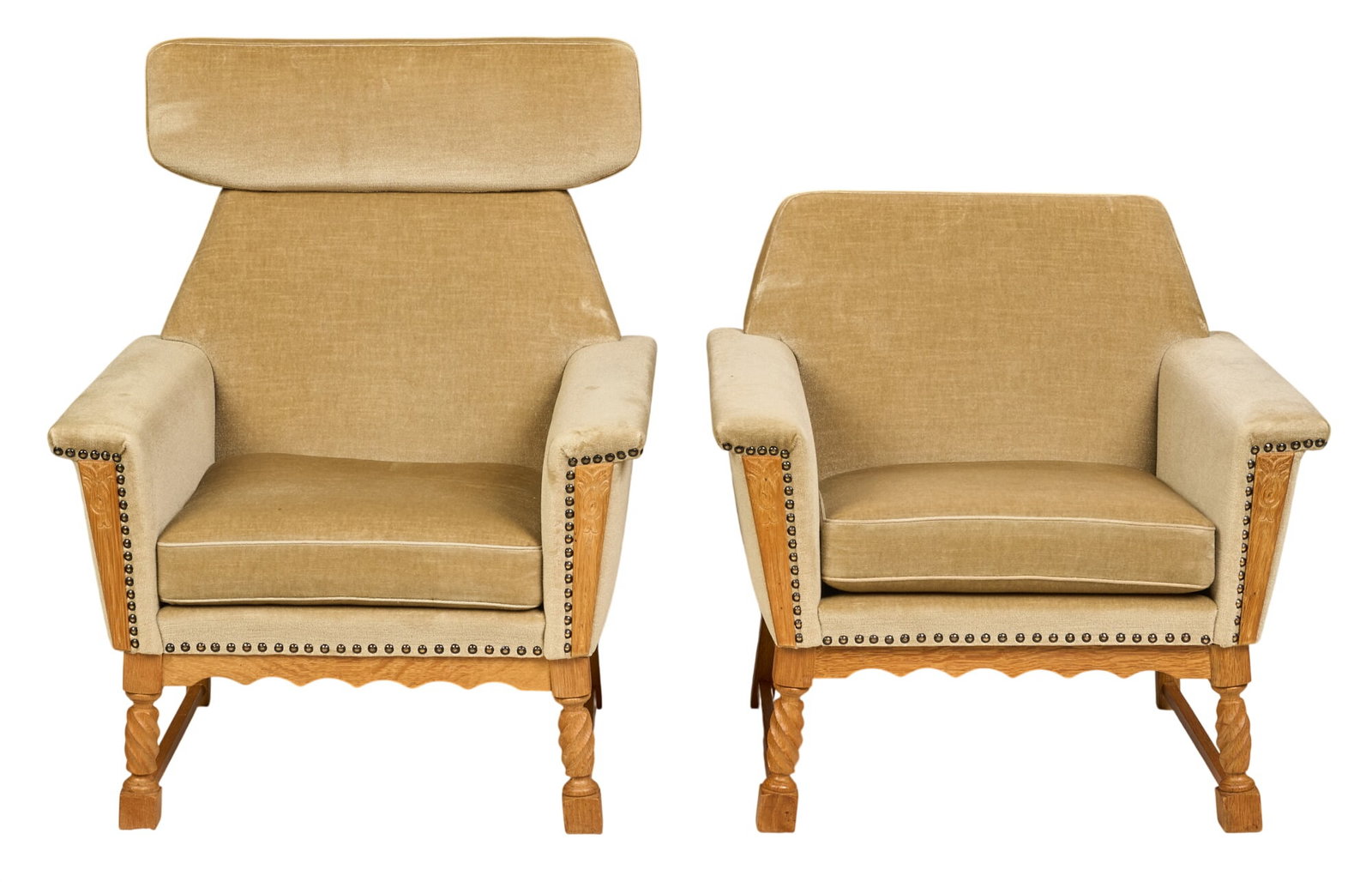 Pair of Danish Mid-Century Armchairs: Pair of Danish mid-century His and Hers armchairs, with beige fabric upholstery, decorative nailhead trim, on turned legs with serpentine design height 39 in. x width 30.5 in. x depth 27 in. / largest