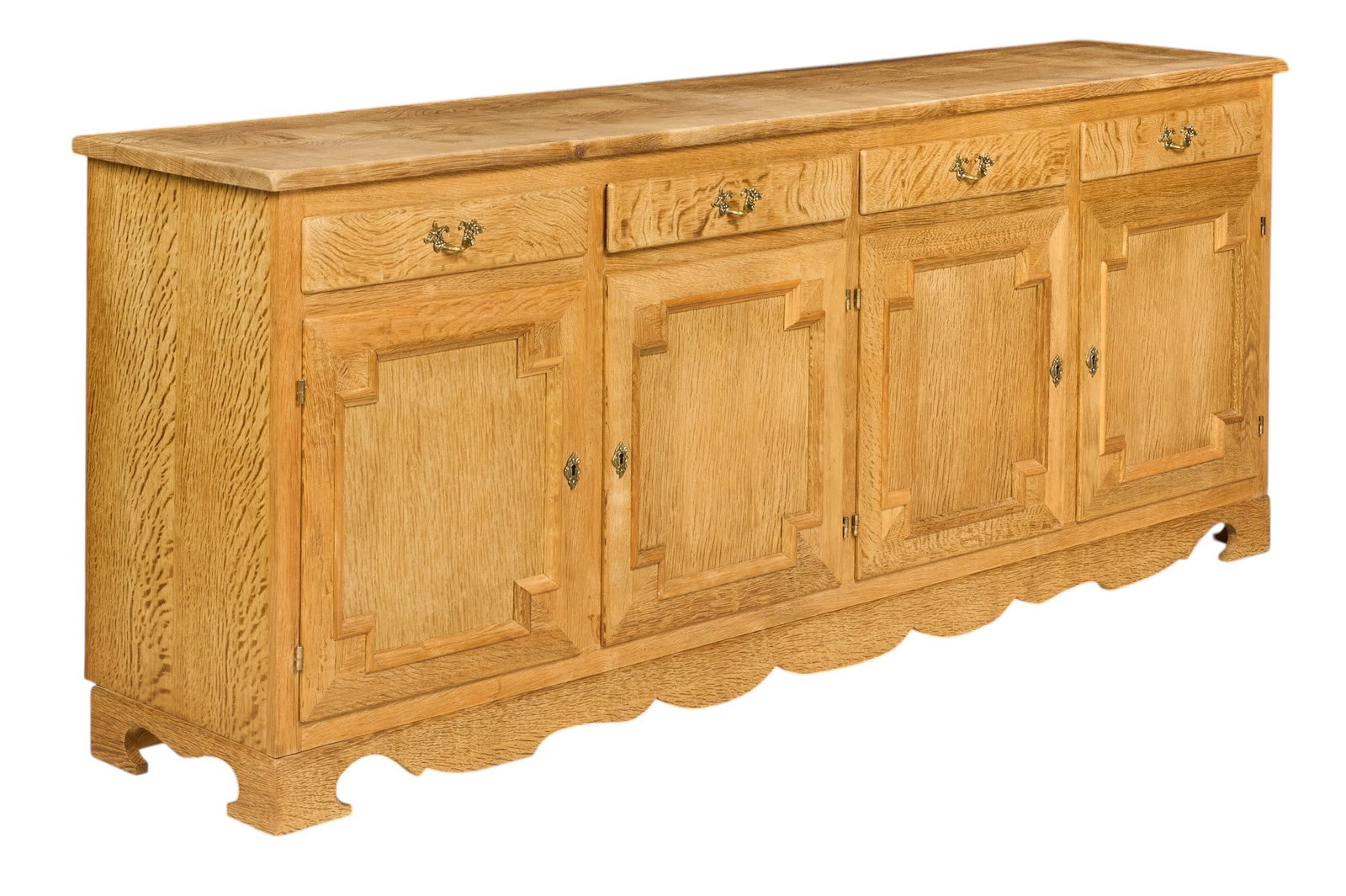 Henning Kjaernulf, Mid-Century Credenza: Henninf Kjaernulf (Denmark) oak mid-century credenza with drawer and cabinet storage with adjustable shelving and key, supported on shaped legs height 31.5 in. x width 79 in. x depth 17 in. 