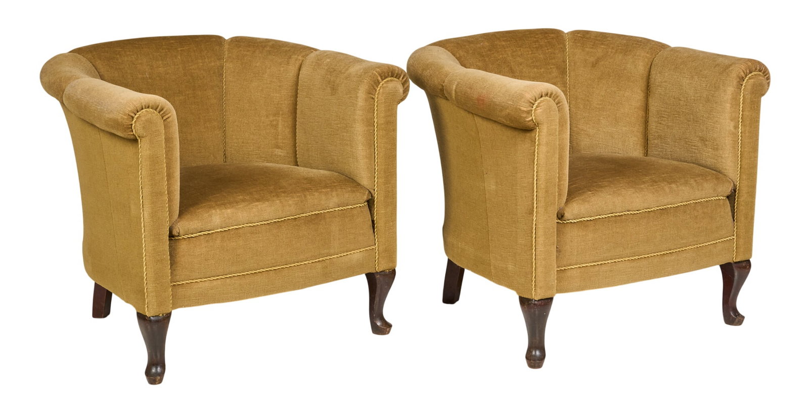 Pair of Danish Mid-Century Armchairs: Pair of Danish mid-century armchairs, with curved backs and yellow upholstery, scrolled armrests, raised on cabriole feet height 27.5 in. x width 31.5 in. x depth 29 in. / each Condition: small red