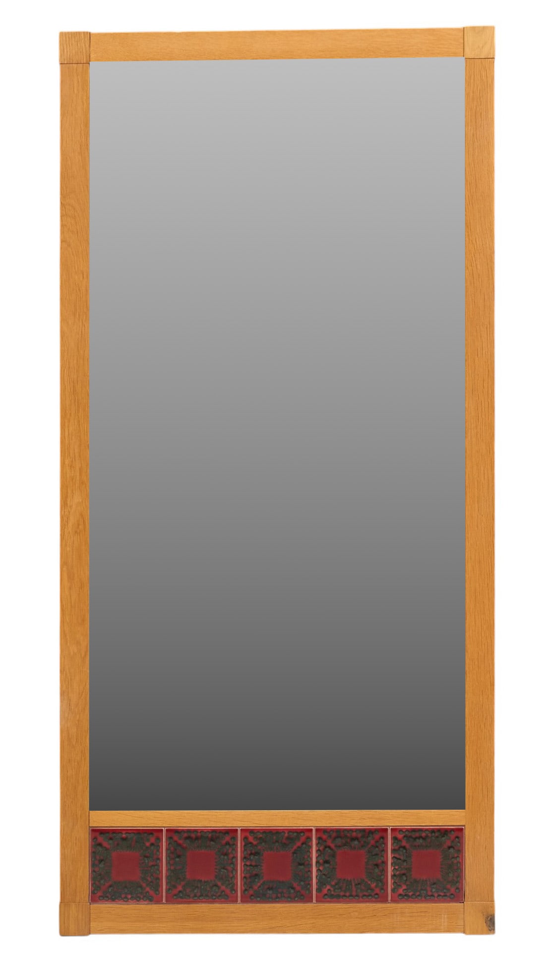 Tile Framed Mirror: Rectangular mirror with wooden frame and red tile details to bottom edge height 52 in. x width 25 in. x depth 1 in.