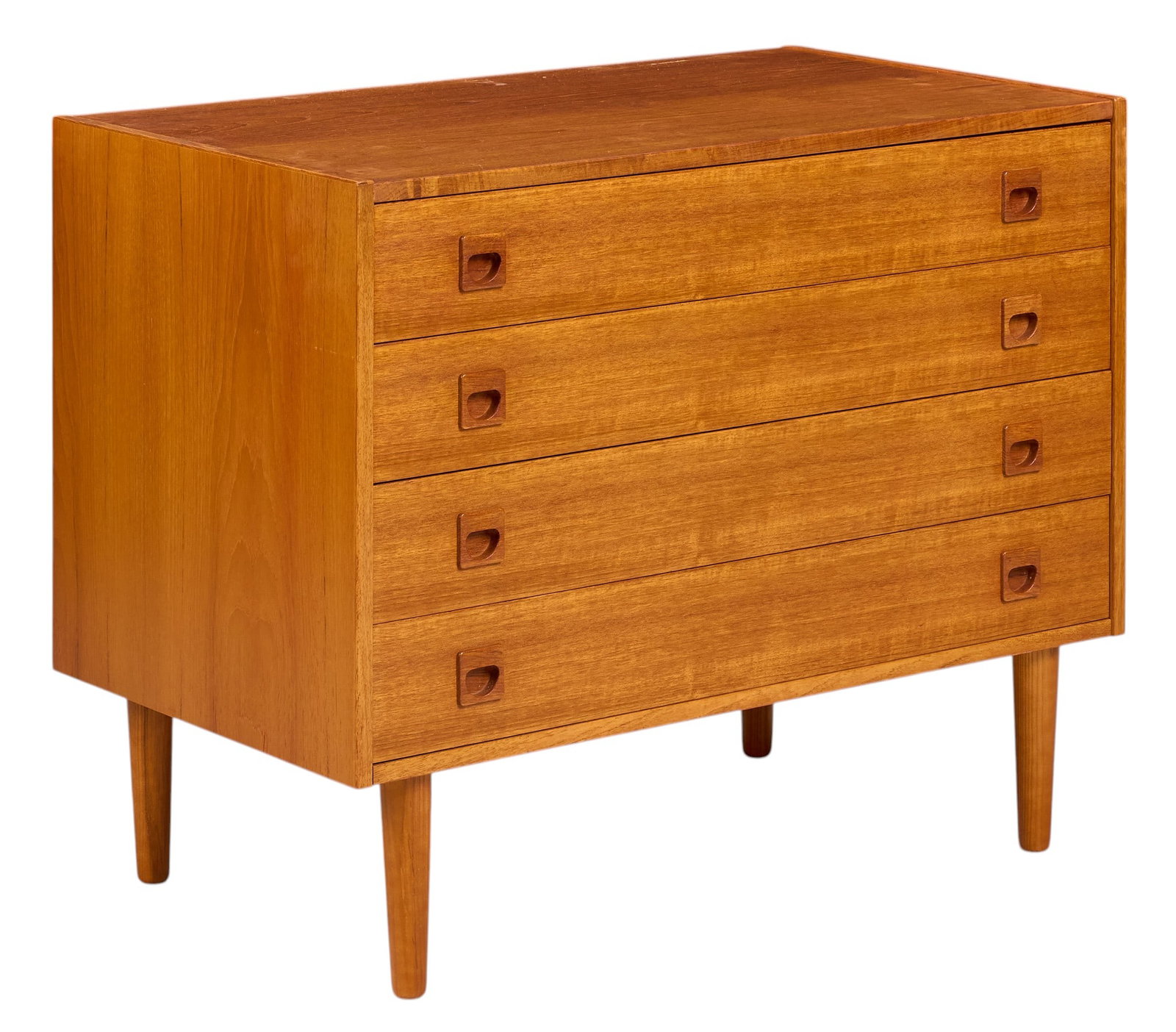 Danish Mid-Century Chest of Drawers: Danish mid-century chest of four drawers, supported on pin legs height 28 in. x width 35 in. x depth 19.5 in. 