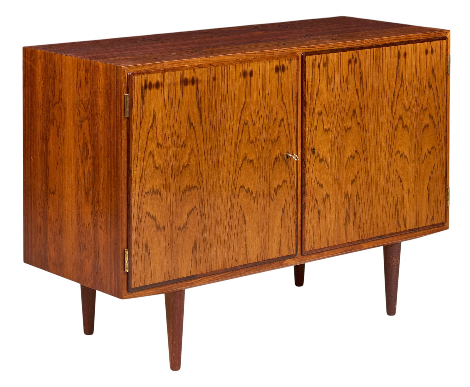 Danish Mid-Century Credenza: Danish mid-century credenza with flatware trays, and pair of adjustable shelves, supported on pin legs, with key height 30 in. x width 42.5 in. x width 17 in. 
