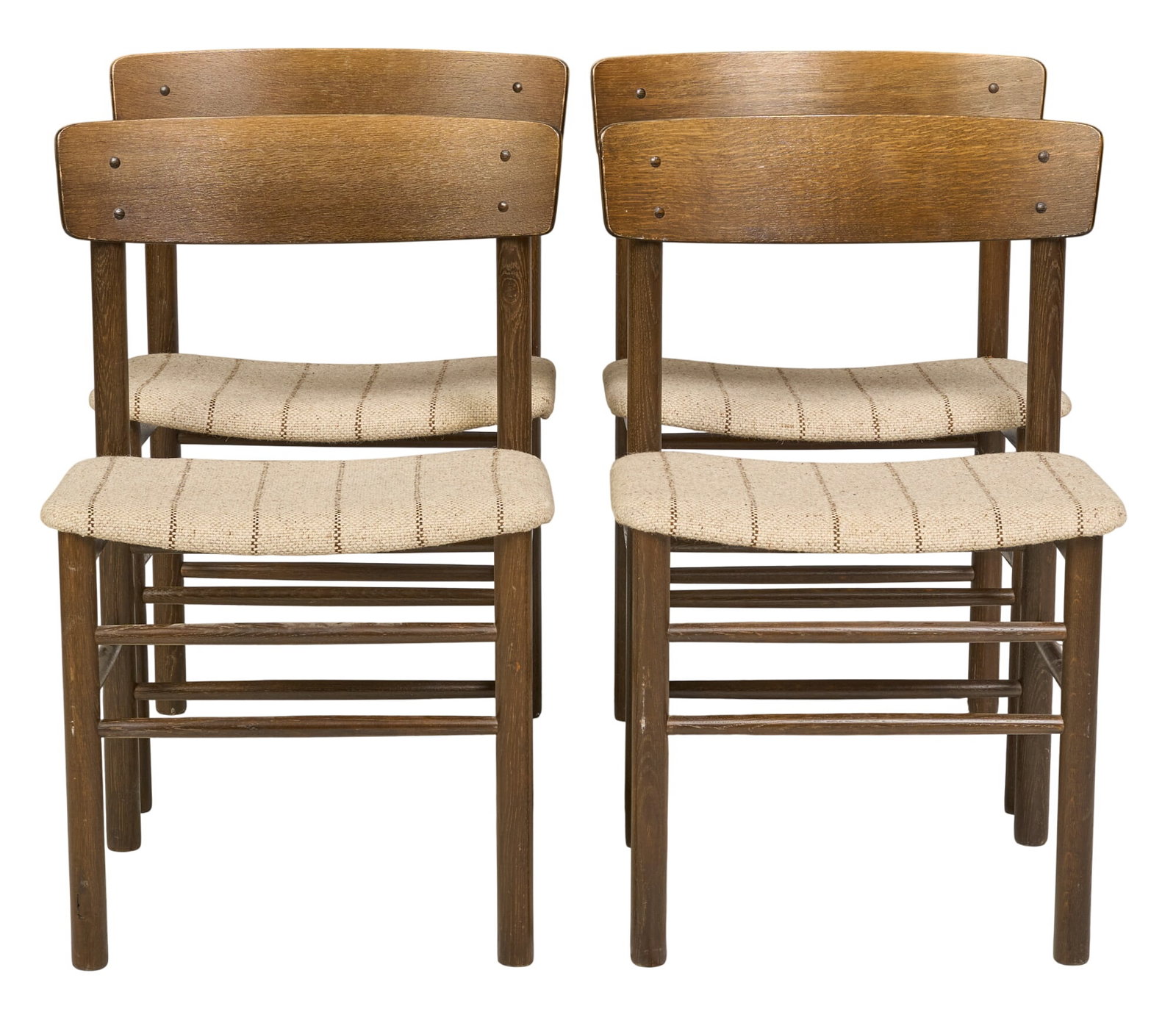 (4) Danish Mid-Century Chairs: Set of four Danish mid-century dining chairs, set with striped upholstery to seats, on stretchered pin legs height 31in. x width 20 in. x depth 19 in.