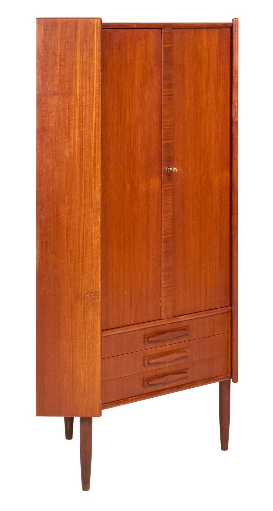 Danish Mid-Century Corner Cabinet: Danish mid-century corner cabinet with three shelves and three drawers, supported on pin legs height 57.5 in. x width 35.5 in. x depth 22 in. 