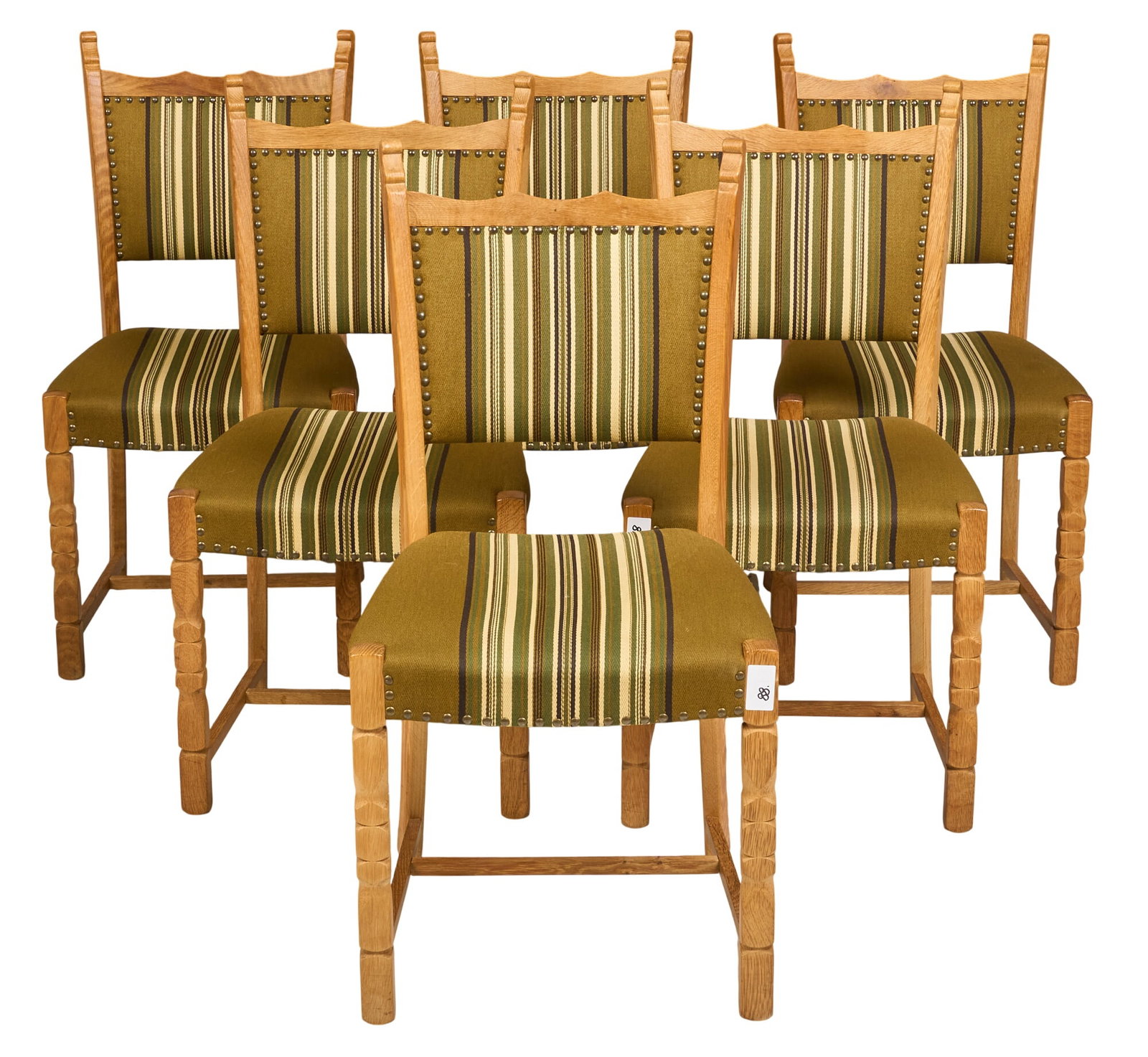 Henning Kjaernulf, (6) Dining Chairs: Set of six Henning Kjaernulf (Denmark) oak mid-century dining chairs with striped fabric upholstery with metal rivet trim, with faceted block legs height 32.5 in. x width 19 in. x depth 19 in. / each