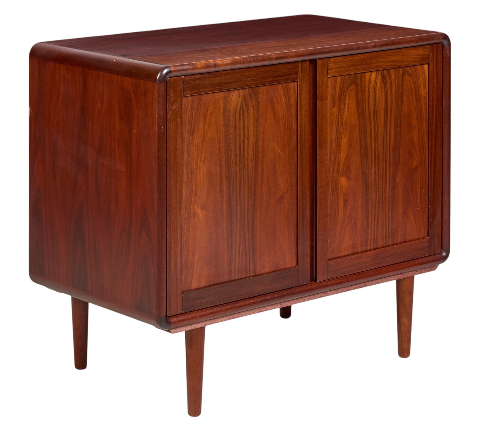 Danish Mid-Century Credenza: Danish mid-century credenza with single adjustable shelf, supported on pin legs height 30.5 in. x width 35.5 in. x depth 20 in. 