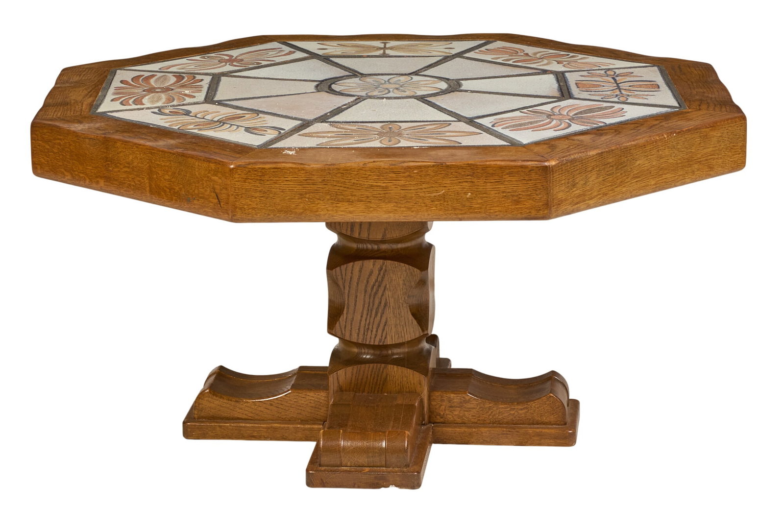 Danish Mid-Century Inlaid Table: Danish mid-century dinette table with ceramic tile inlaid octagonal top, supported on faceted pillar base height 21 in. x width 42 in. x depth 42 in. 
