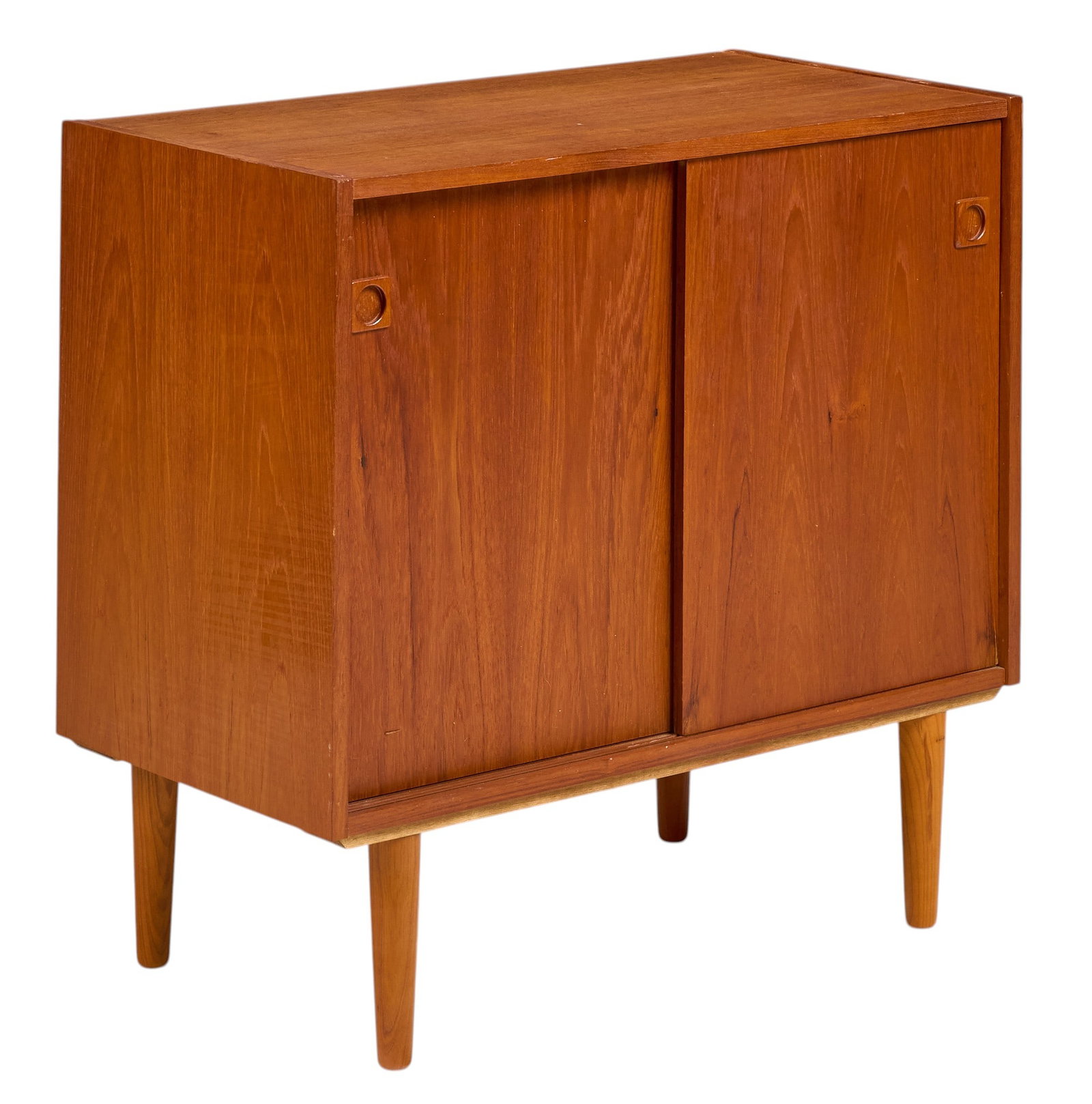 Danish Mid-Century Credenza: Danish mid-century credenza with pair of sliding doors and single adjustable shelf, supported on pin legs height 29.5 in. x width 31.5 in. x depth 16 in. 